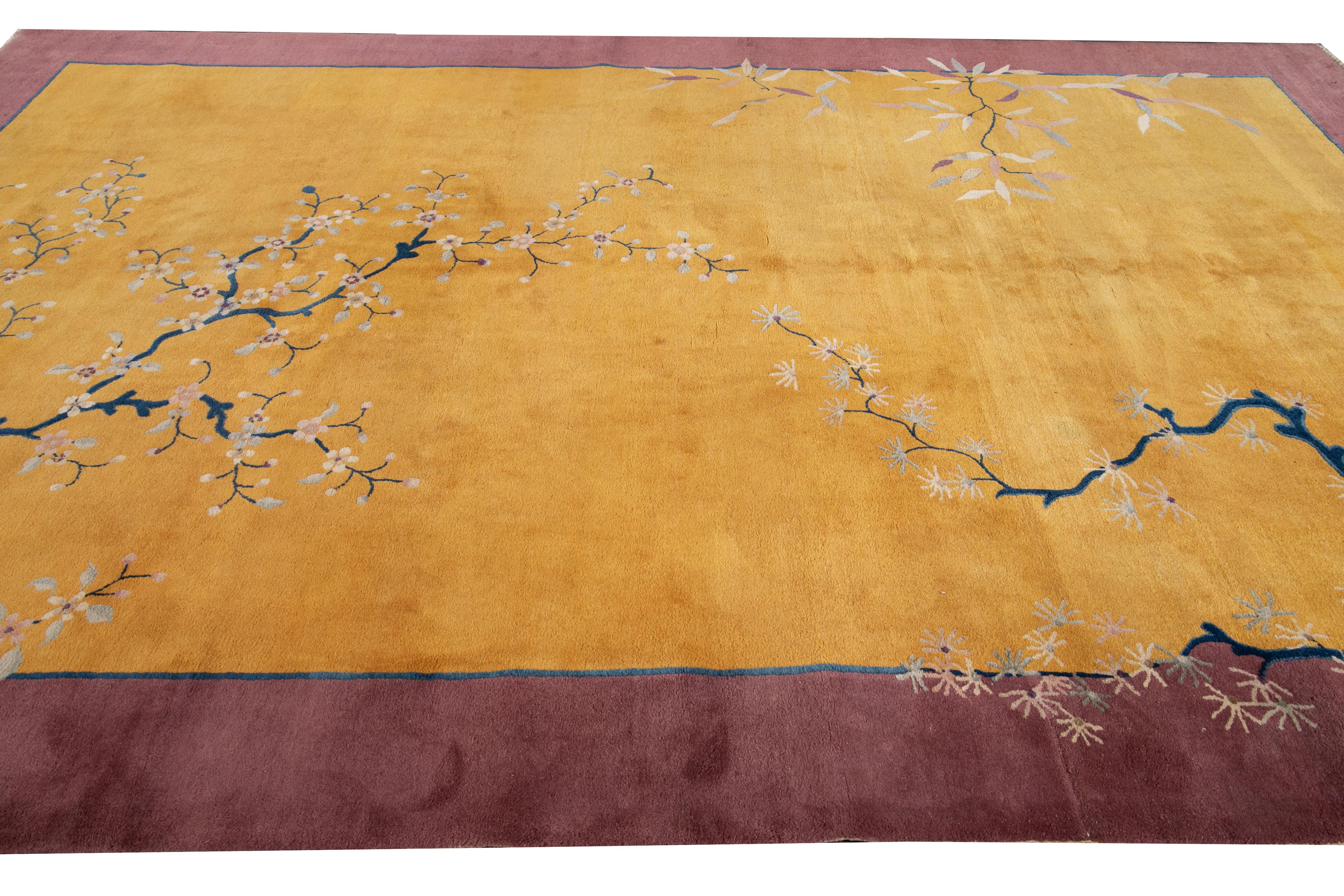 Yellow Antique Art Deco Chinese Handmade Wool Rug For Sale 2