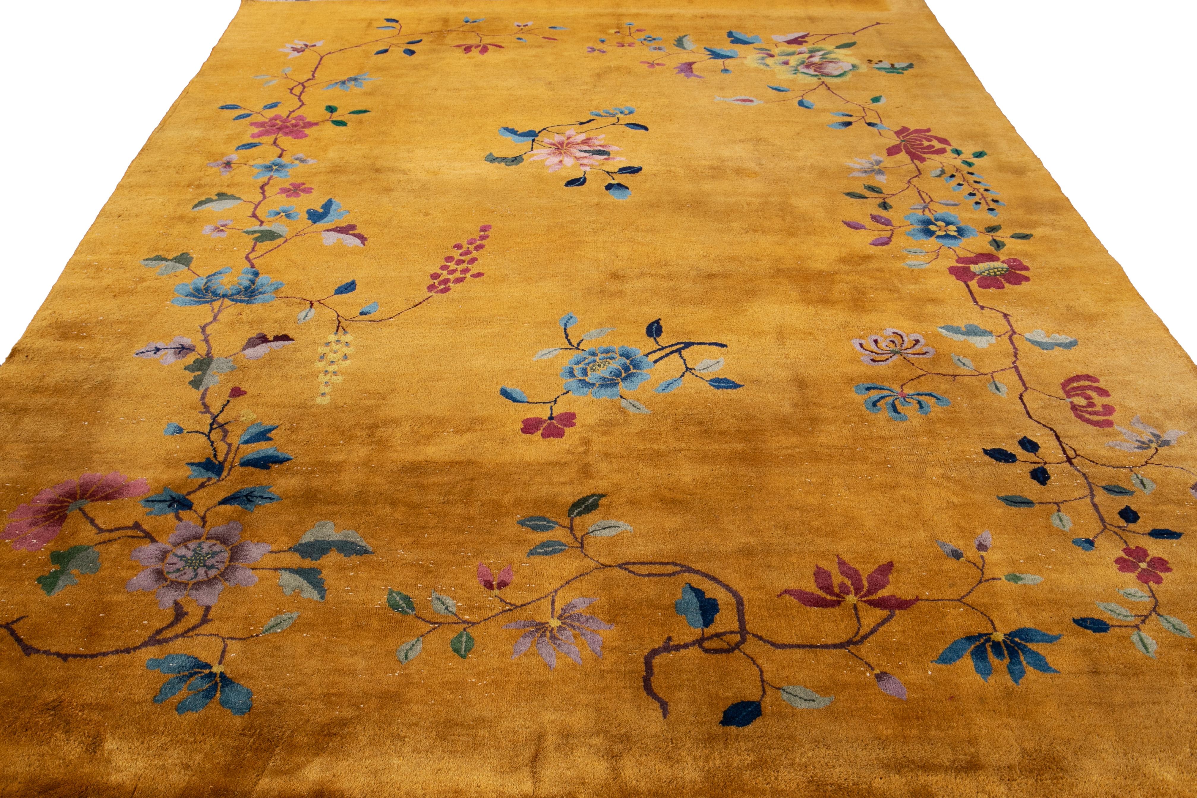 Hand-Knotted Yellow Antique Art Deco Chinese Wool Rug