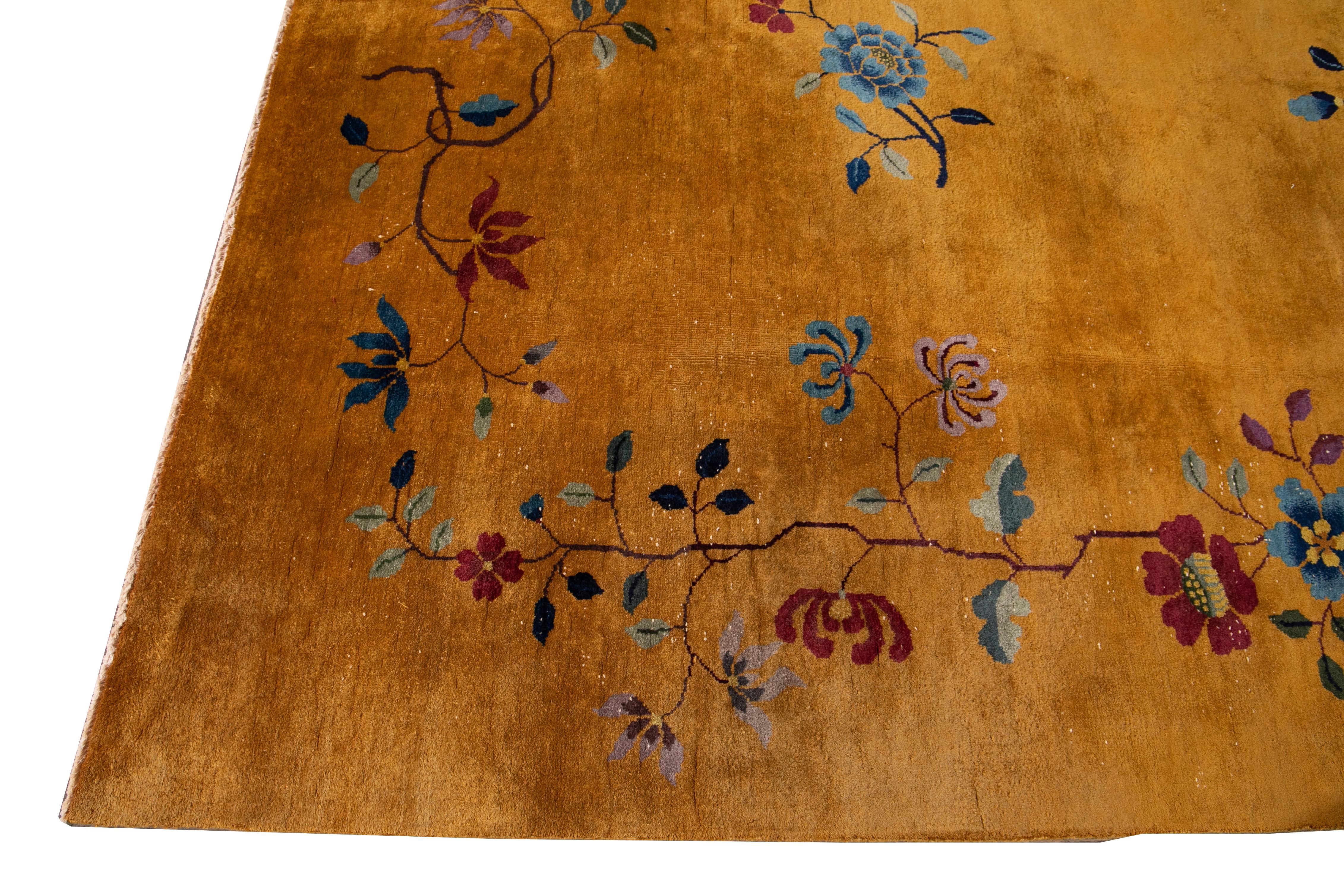 Yellow Antique Art Deco Chinese Wool Rug In Good Condition In Norwalk, CT
