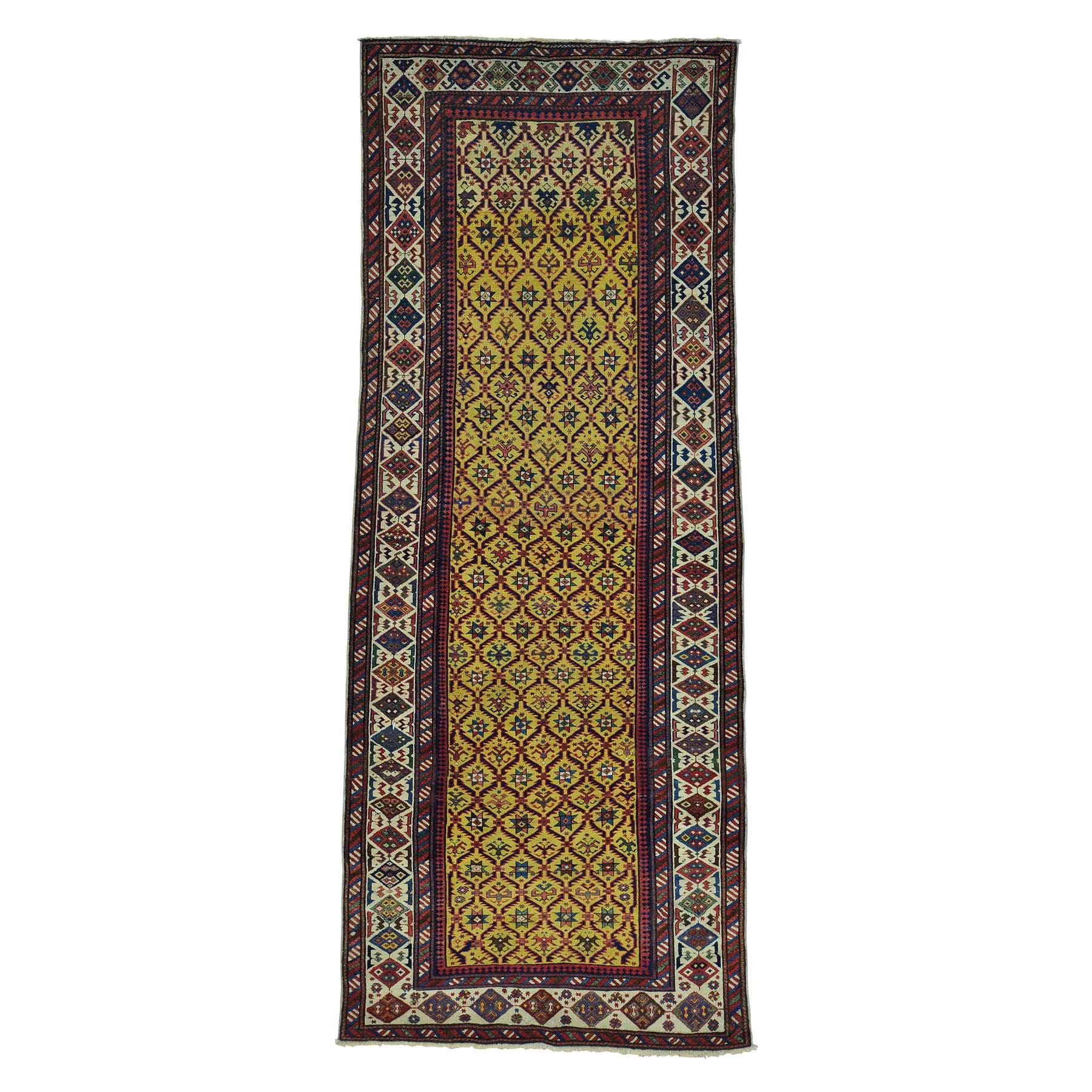 Yellow Antique Caucasian Dagestan Vegetable Dyes Wide Runner Rug, Good Cond
