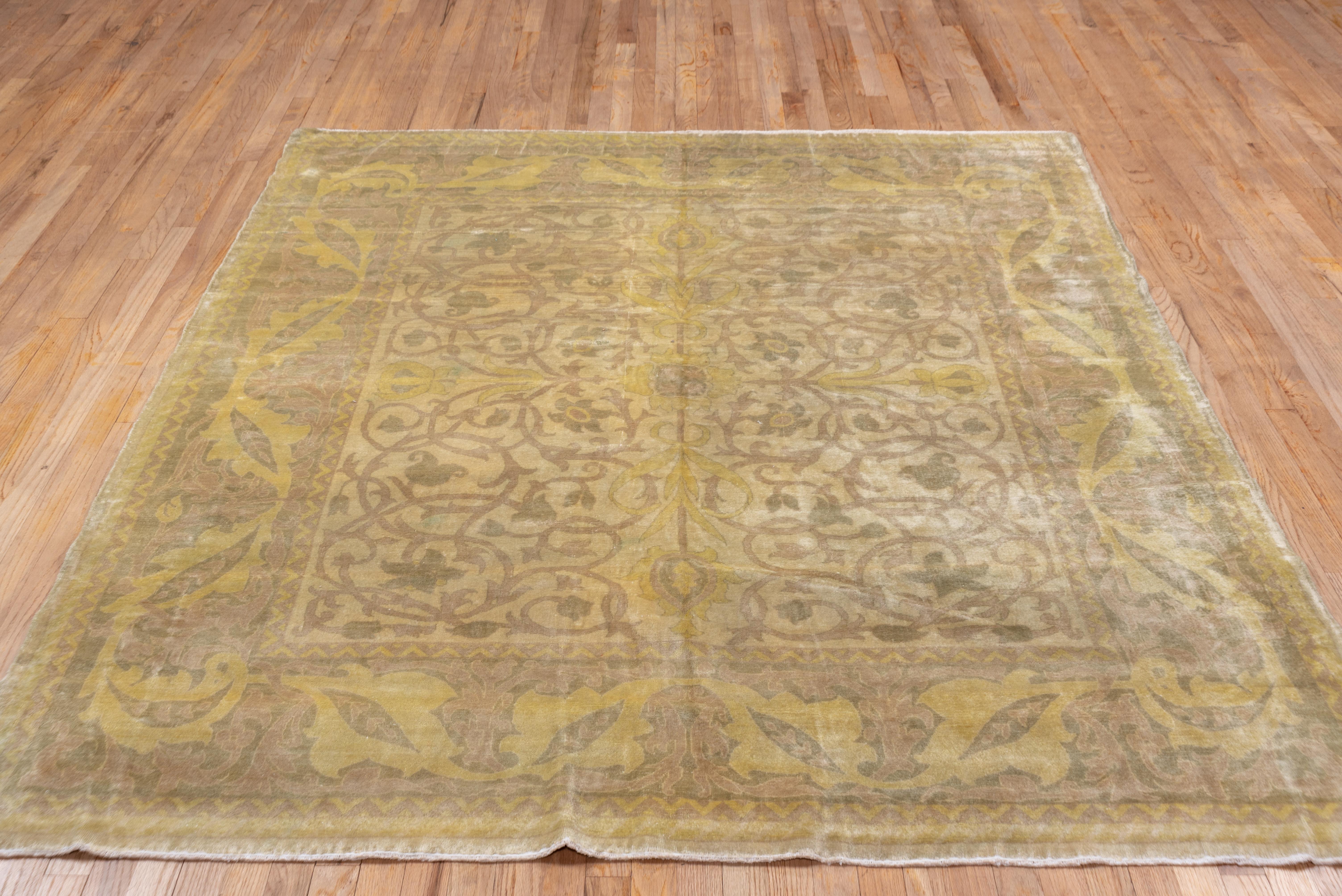 Tabriz Yellow Antique Turkish Sivas Rug, Allover Field, Soft Tones, Yellow Palette For Sale