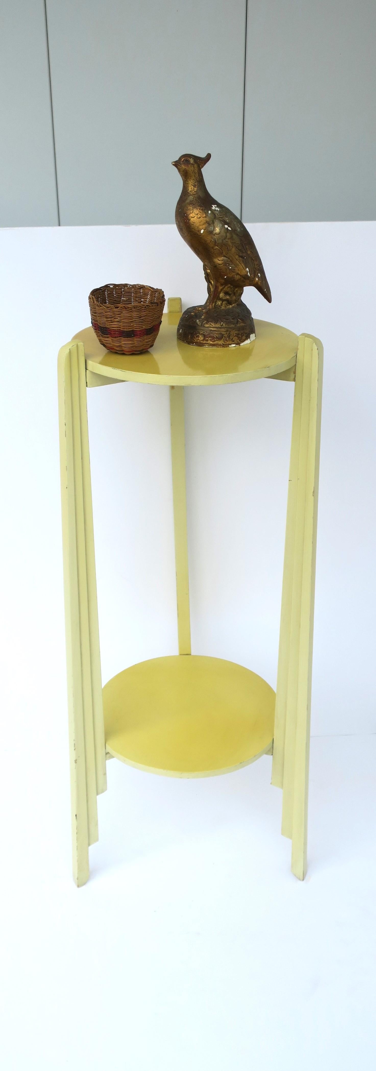 Painted Yellow Art Deco Column Pillar Pedestal Stand with Lower Shelf, 1 of 2 Avail For Sale