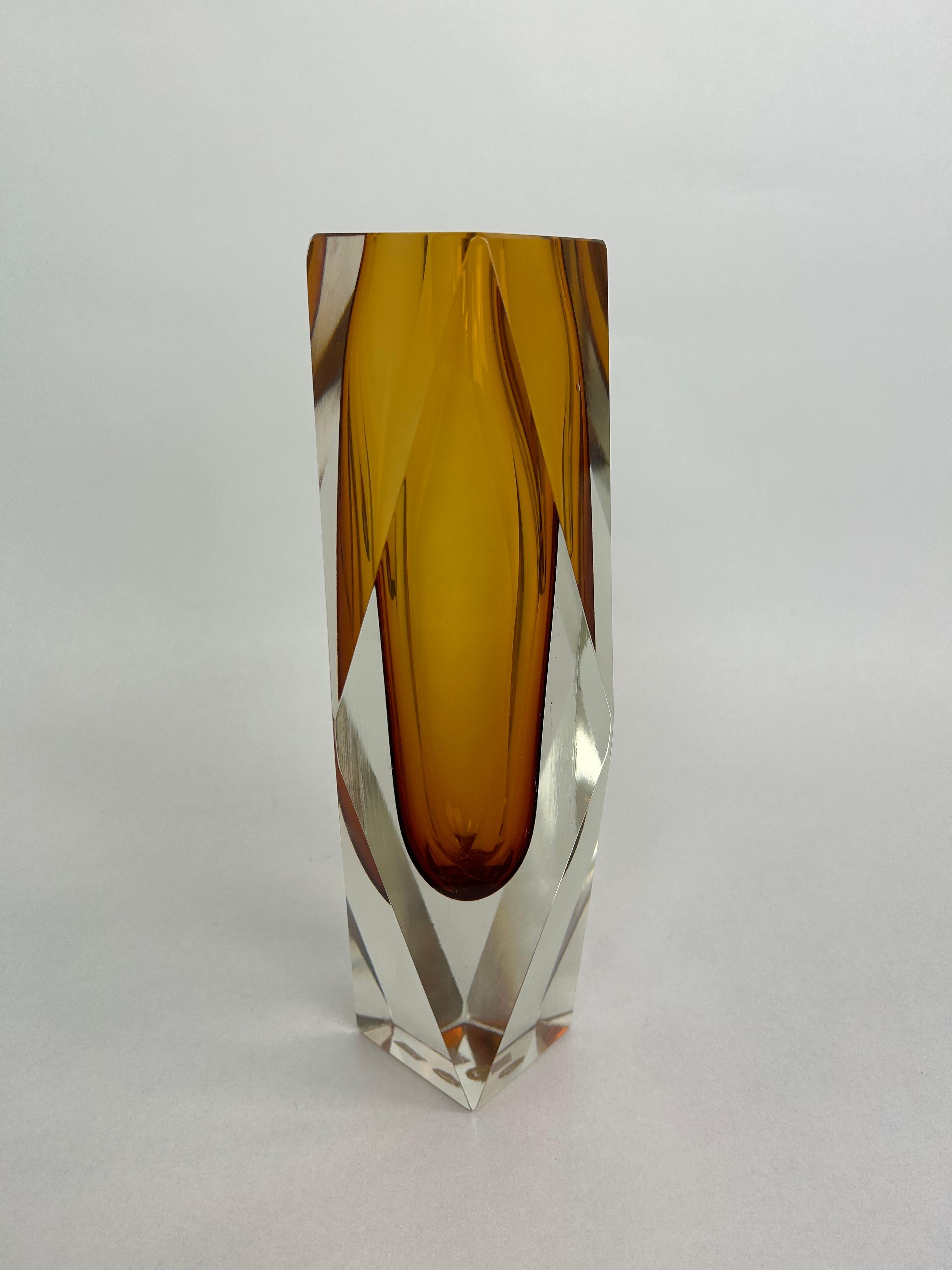 Yellow art glass vase by Flavio Poli for Murano in very good original condition. Signed with sticker on the bottom.