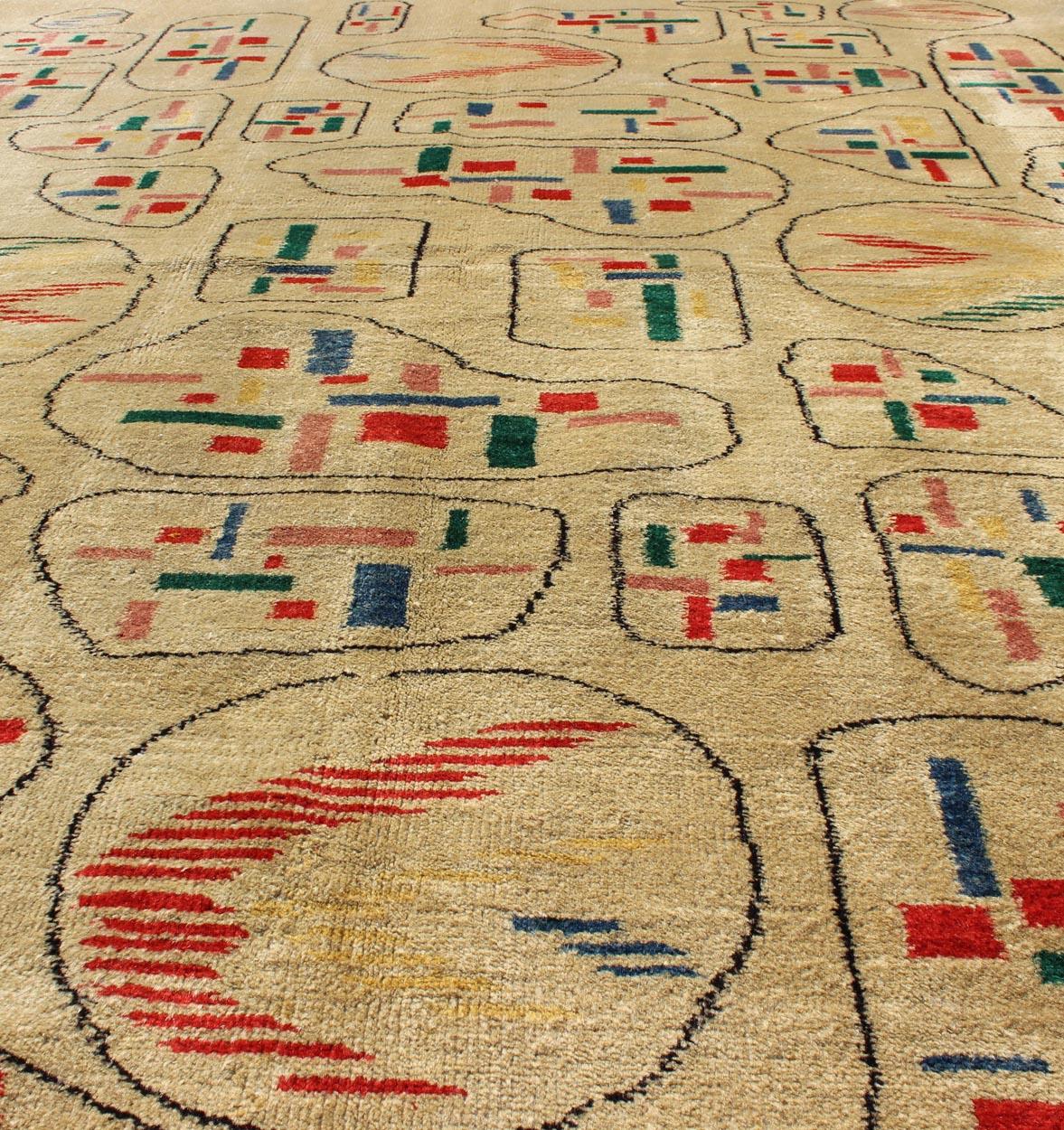 Hand-Knotted Yellow Background Vintage Turkish Mid-Century Modern Rug with Geometric Motifs For Sale