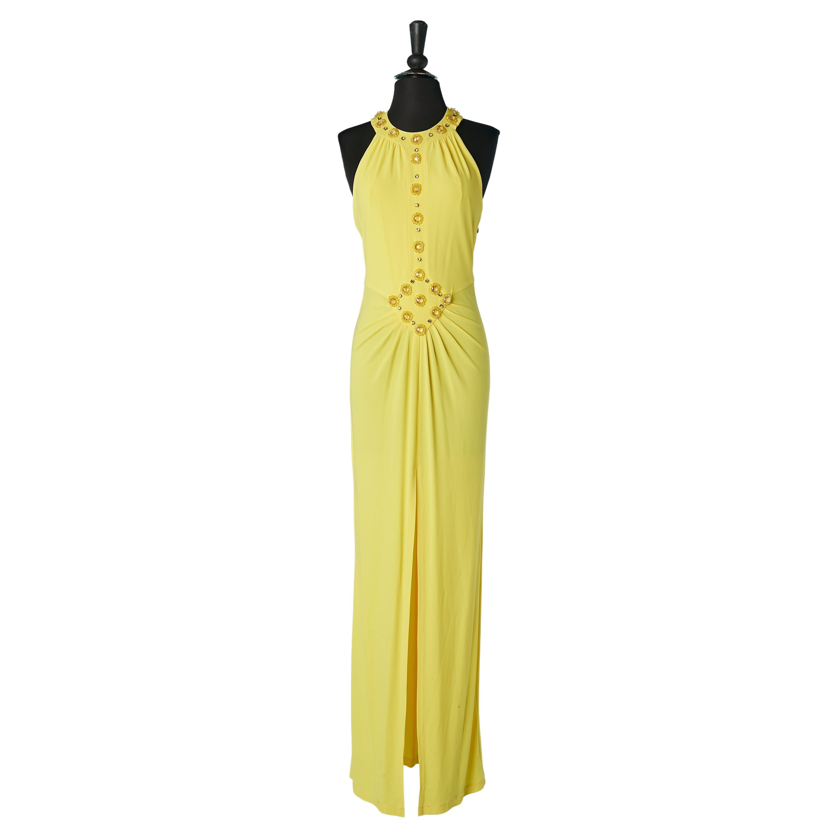 Vestido amarillo de jersey sin espalda con cuentas y pedrería Gai Mattiolo Love to Love en venta