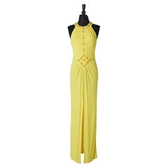 Abito giallo in jersey senza schienale con perline e strass Gai Mattiolo Love to Love