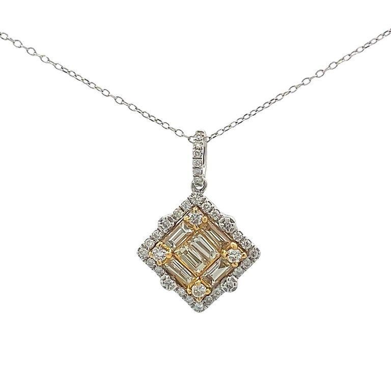 We are delighted to present our stunning diamond necklace, showcasing a mesmerizing square-shaped pendant hanging gracefully from a delicate chain. This enchanting masterpiece flawlessly blends classic sophistication with modern elegance, making it