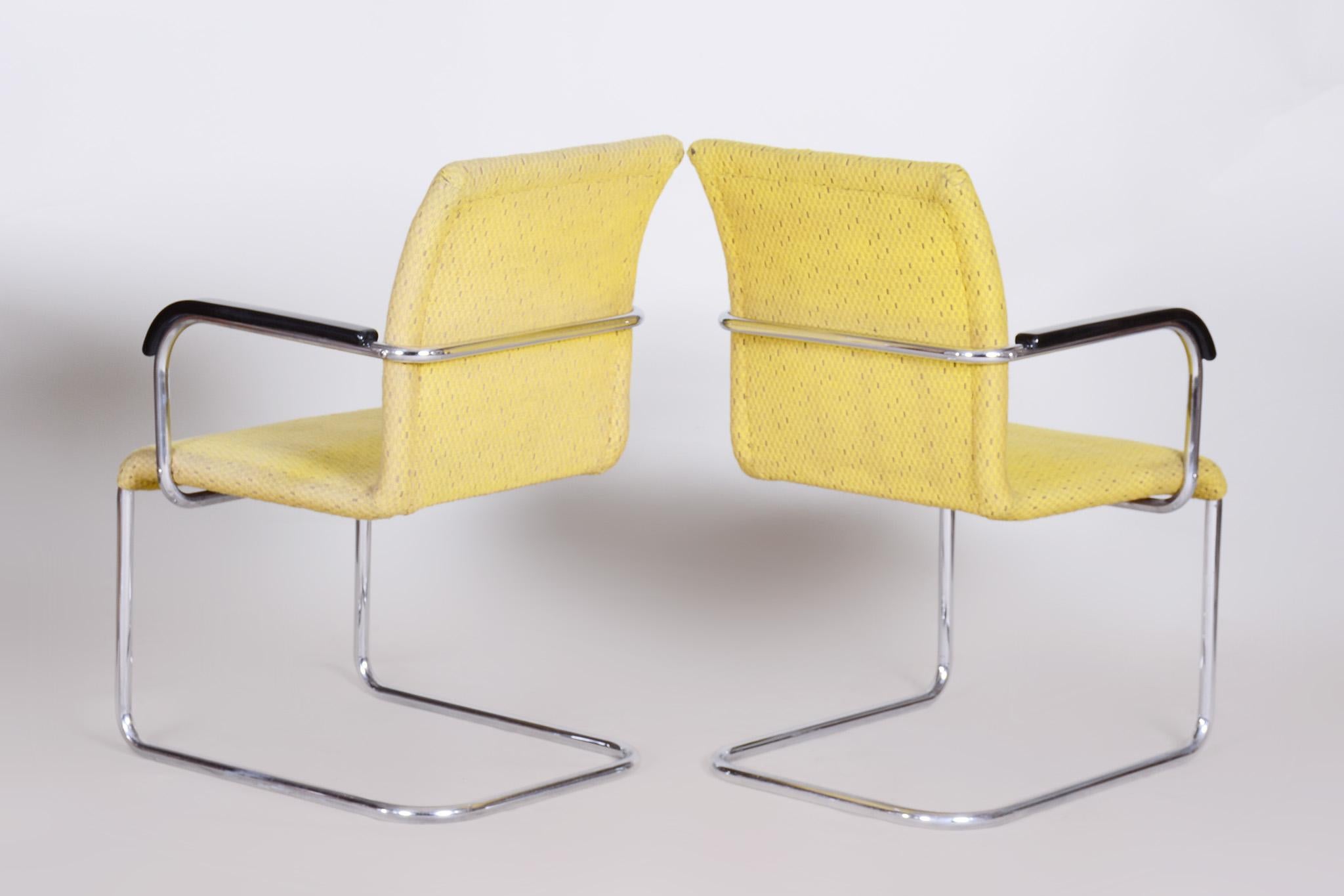 Yellow Bauhaus Armchairs Made in 1930s Czechia, Non Restored Chrome and Fabric For Sale 7