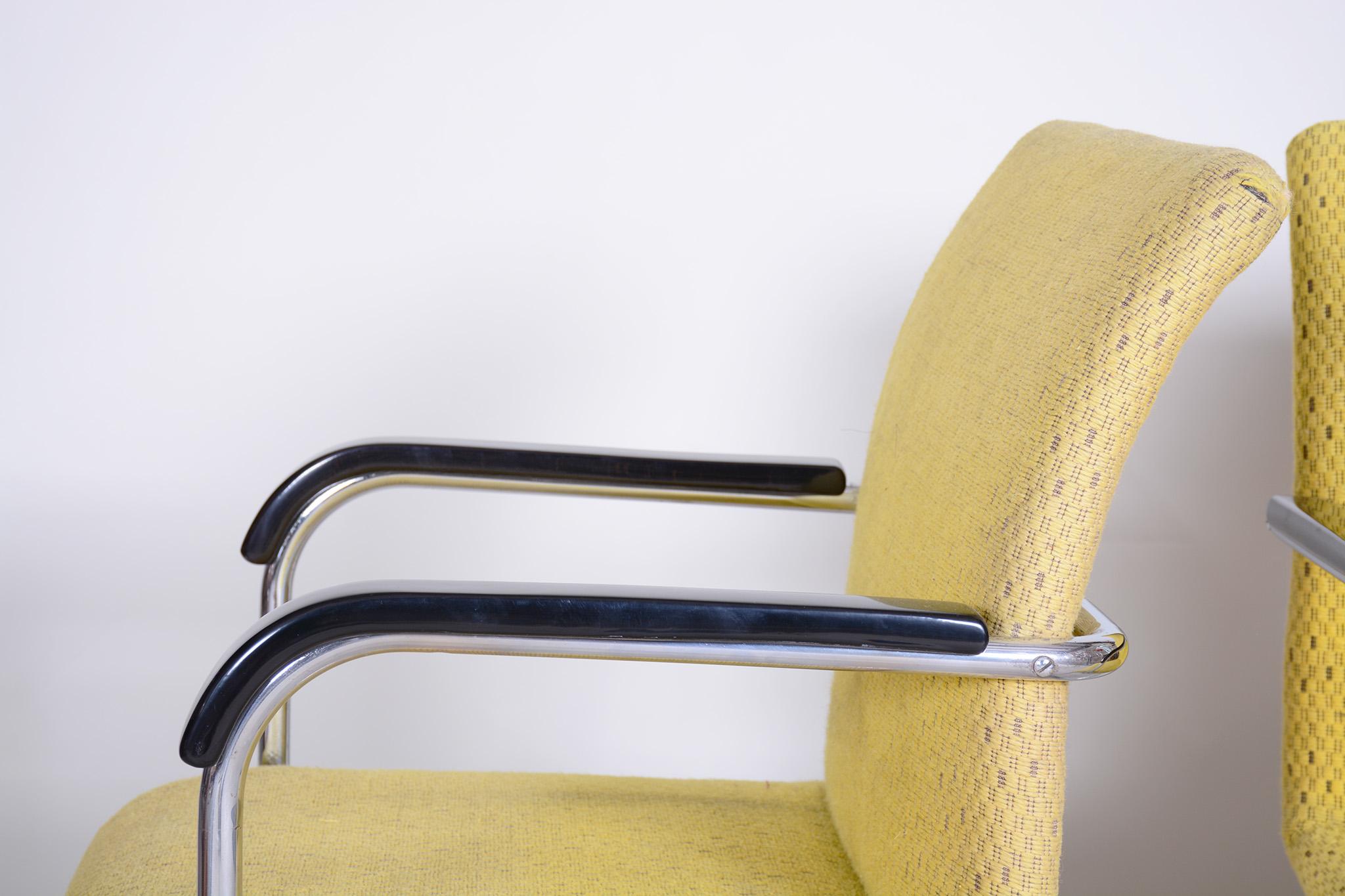 Beech Yellow Bauhaus Armchairs Made in 1930s Czechia, Non Restored Chrome and Fabric For Sale