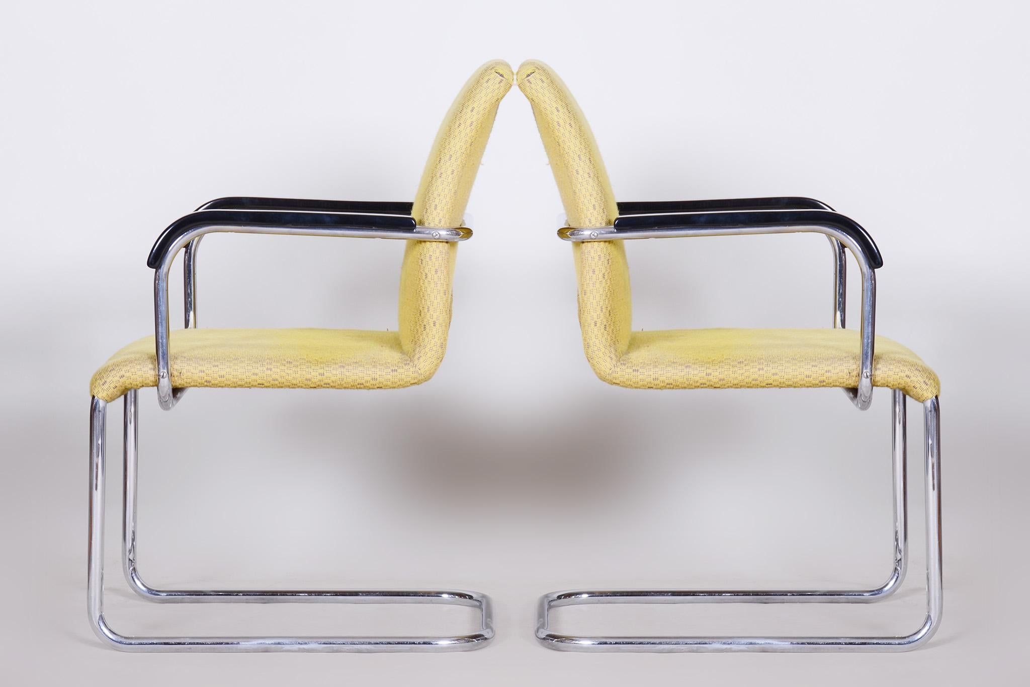 Yellow Bauhaus Armchairs Made in 1930s Czechia, Non Restored Chrome and Fabric For Sale 2