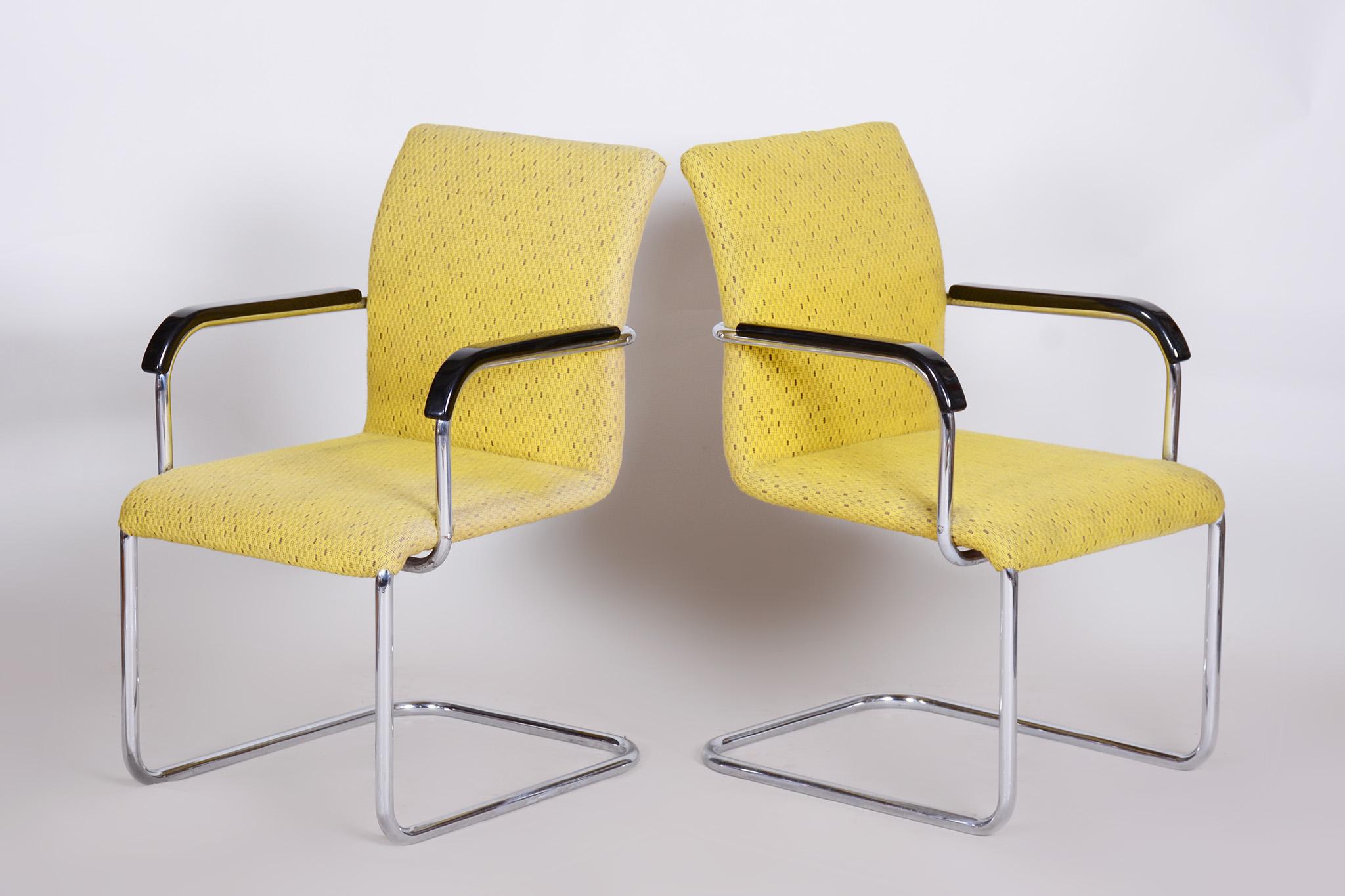 Yellow Bauhaus Armchairs Made in 1930s Czechia, Non Restored Chrome and Fabric For Sale 3