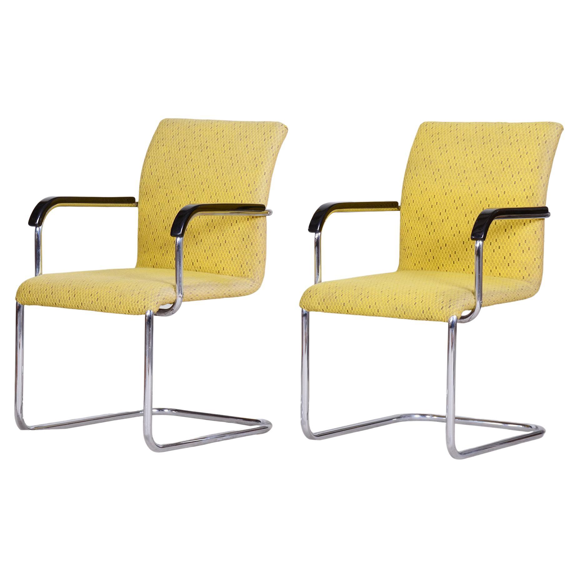 Yellow Bauhaus Armchairs Made in 1930s Czechia, Non Restored Chrome and Fabric For Sale