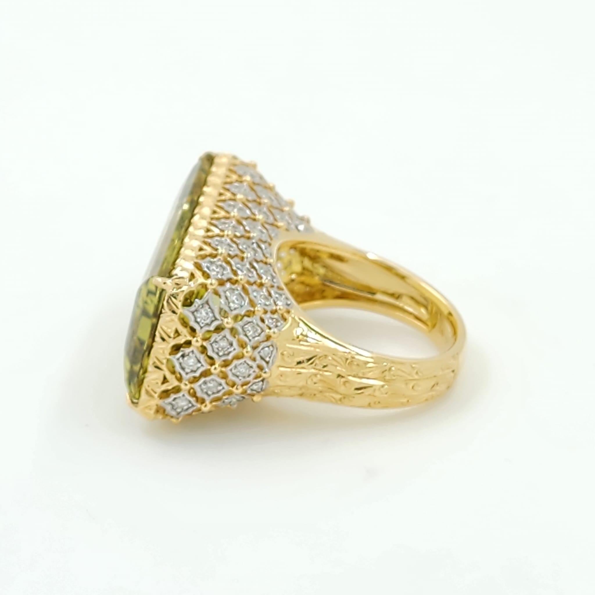 Baguette Cut GIA Certified 25.58 Carat Golden Beryl and Diamond Ring in 18K Yellow Gold For Sale