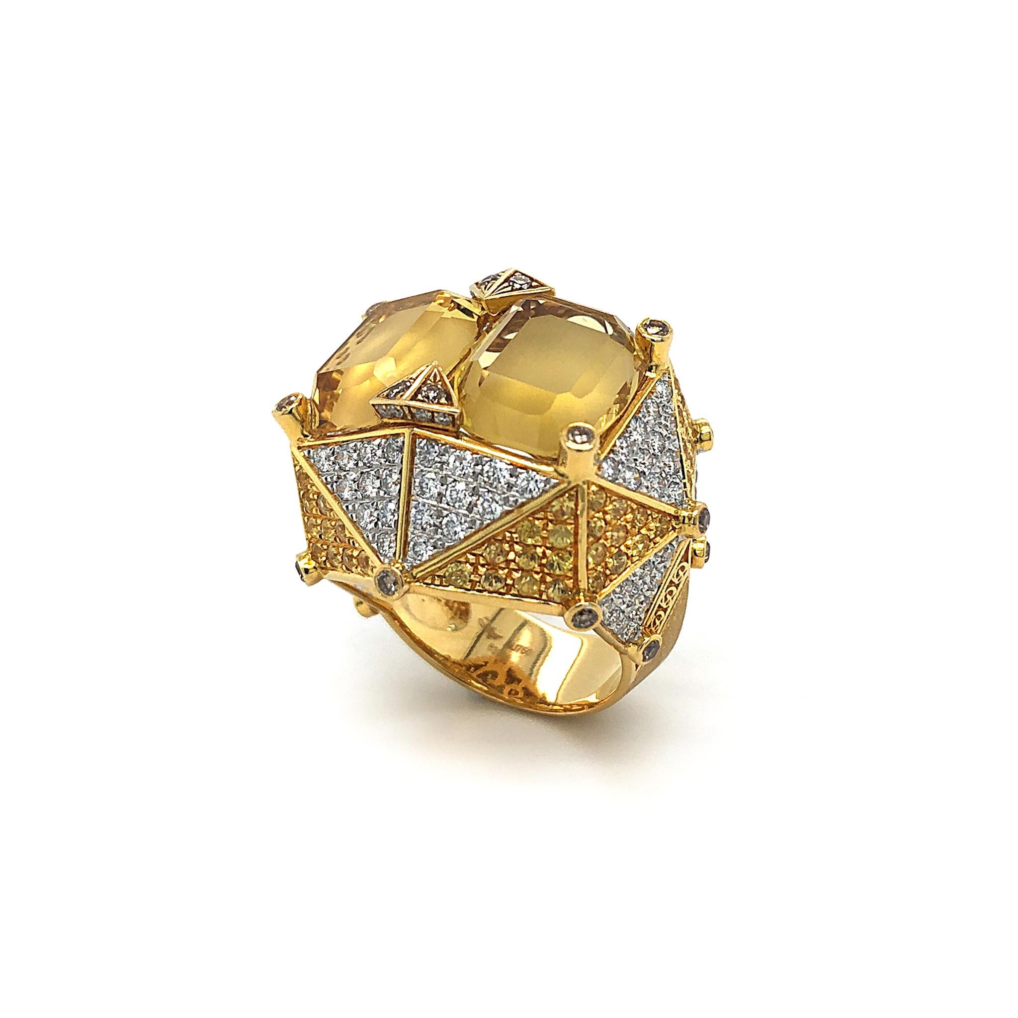 Dilys' Chub-Bee Ring

Inspired by the head of Bumble Bees, this ring is a statement piece that will certainly make heads turn. The Chub-Bee Ring is a part of Dilys' Novel Collection which features a pair of beautiful Yellow Beryls totalling at