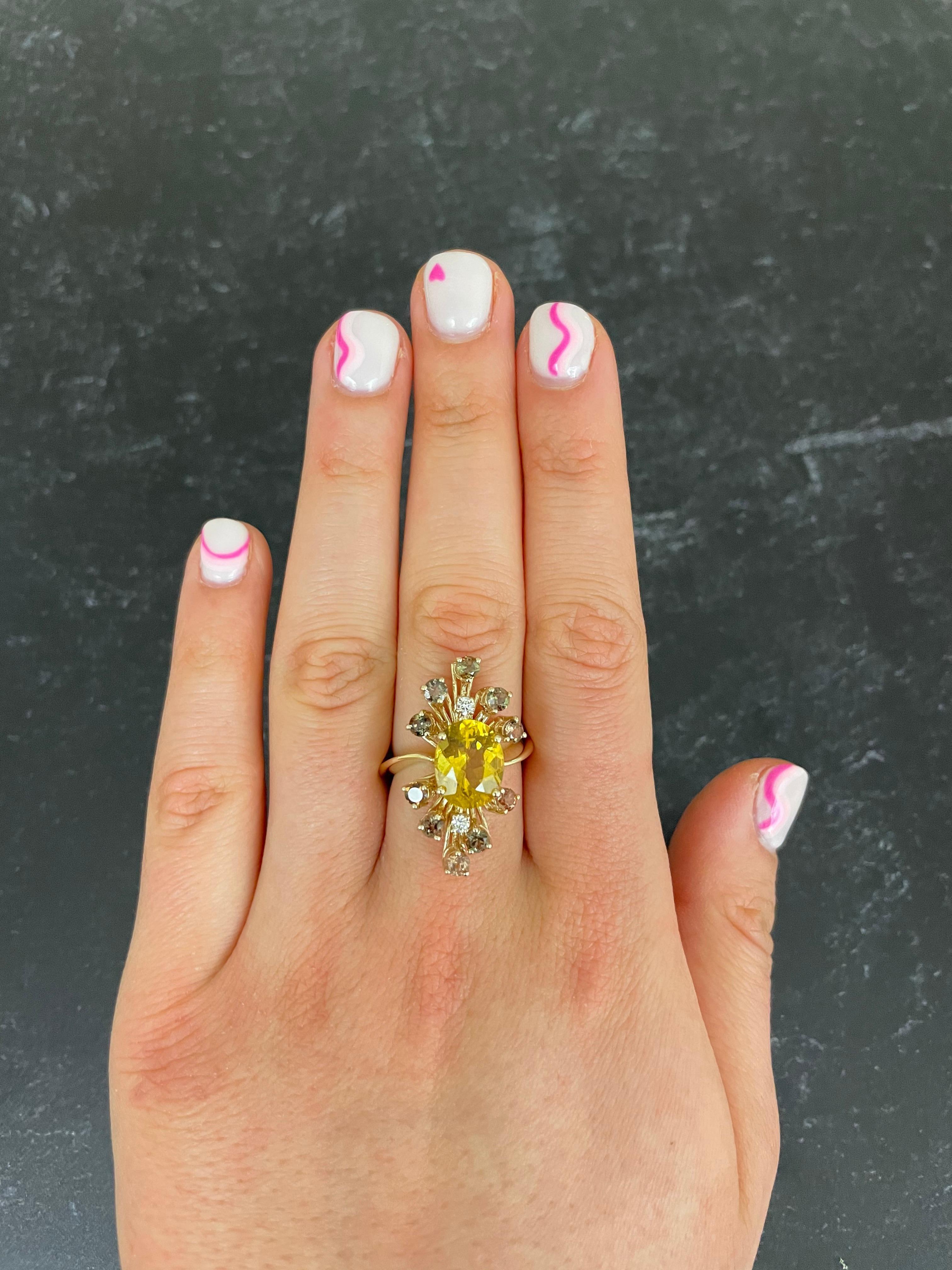 Contemporary Yellow Beryl Andeluzite Diamond Abstract Firework Burst Ring 14K Yellow Gold For Sale