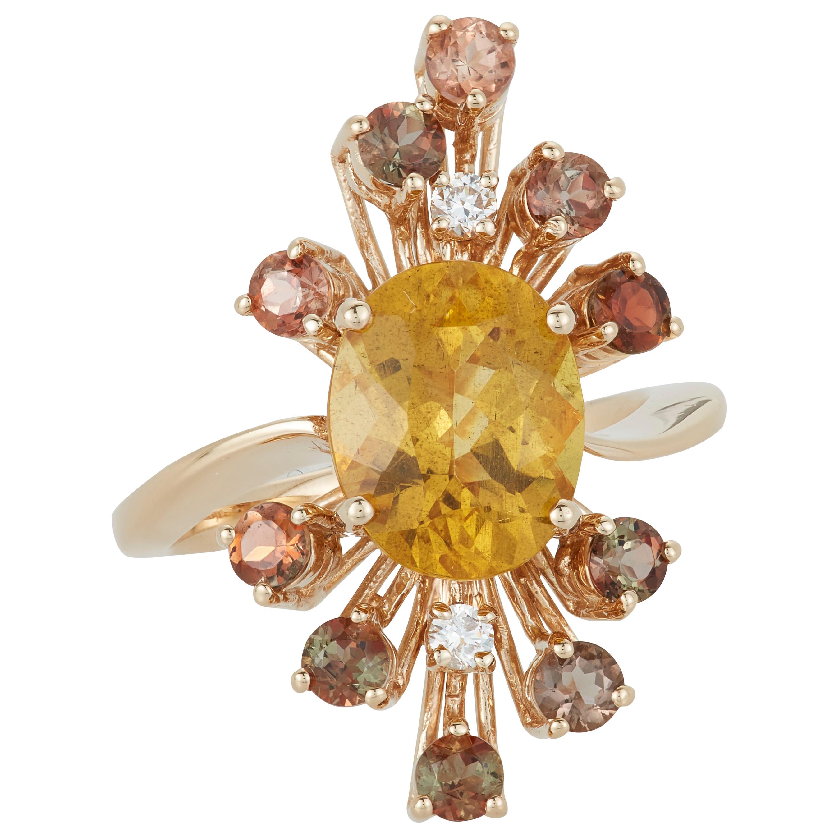 Yellow Beryl Andeluzite Diamond Abstract Firework Burst Ring 14K Yellow Gold For Sale
