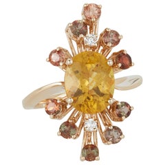 Yellow Beryl Andeluzite Diamond Abstract Firework Burst Ring 14K Yellow Gold