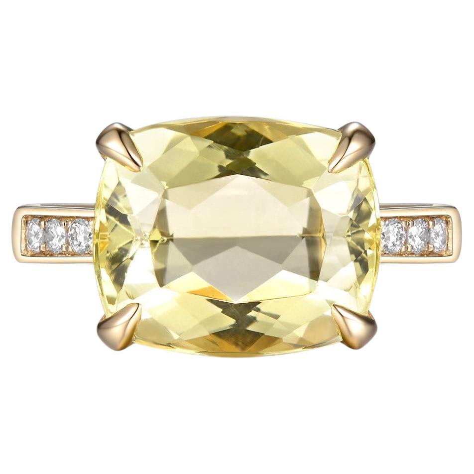 Introducing our elegant Yellow Beryl and Diamond Ring. Featuring a 4.68 carat yellow beryl, delicately set in a four-prong design, this ring exudes timeless charm. The vibrant yellow hue of the beryl is accentuated by 0.25 carat of dazzling