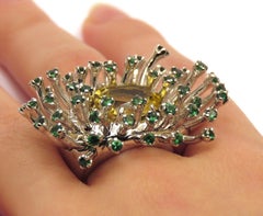 Yellow Beryl Green Tsavorites 18 Karat White Gold Cocktail Ring Hancrafted