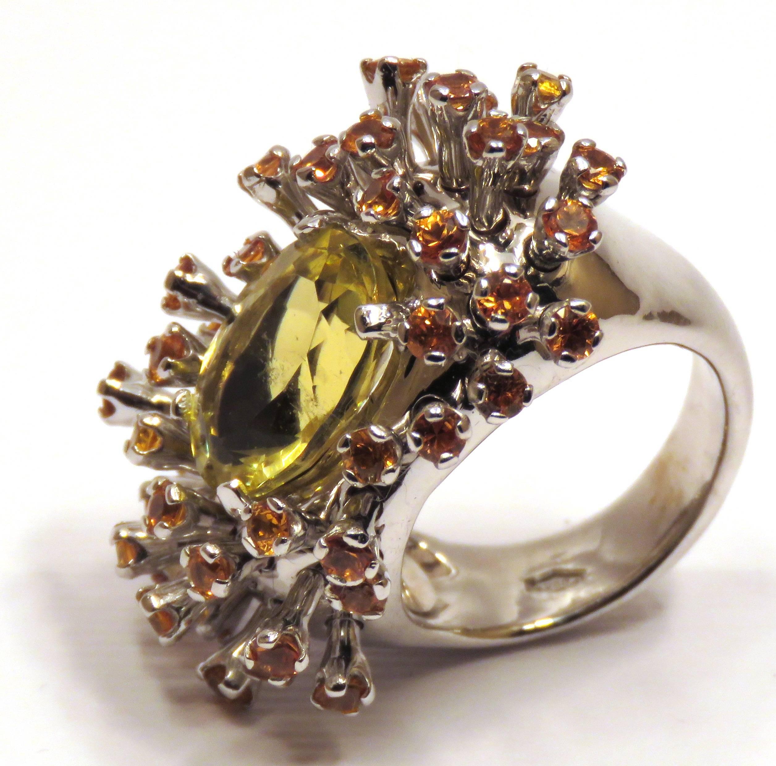 Yellow Beryl Orange Sapphires 18 Karat White Gold Cocktail Ring Handcrafted For Sale 1
