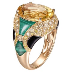 Yellow Beryl Yellow Diamond Malachite Onyx Cocktail Ring in 14 Karat Gold