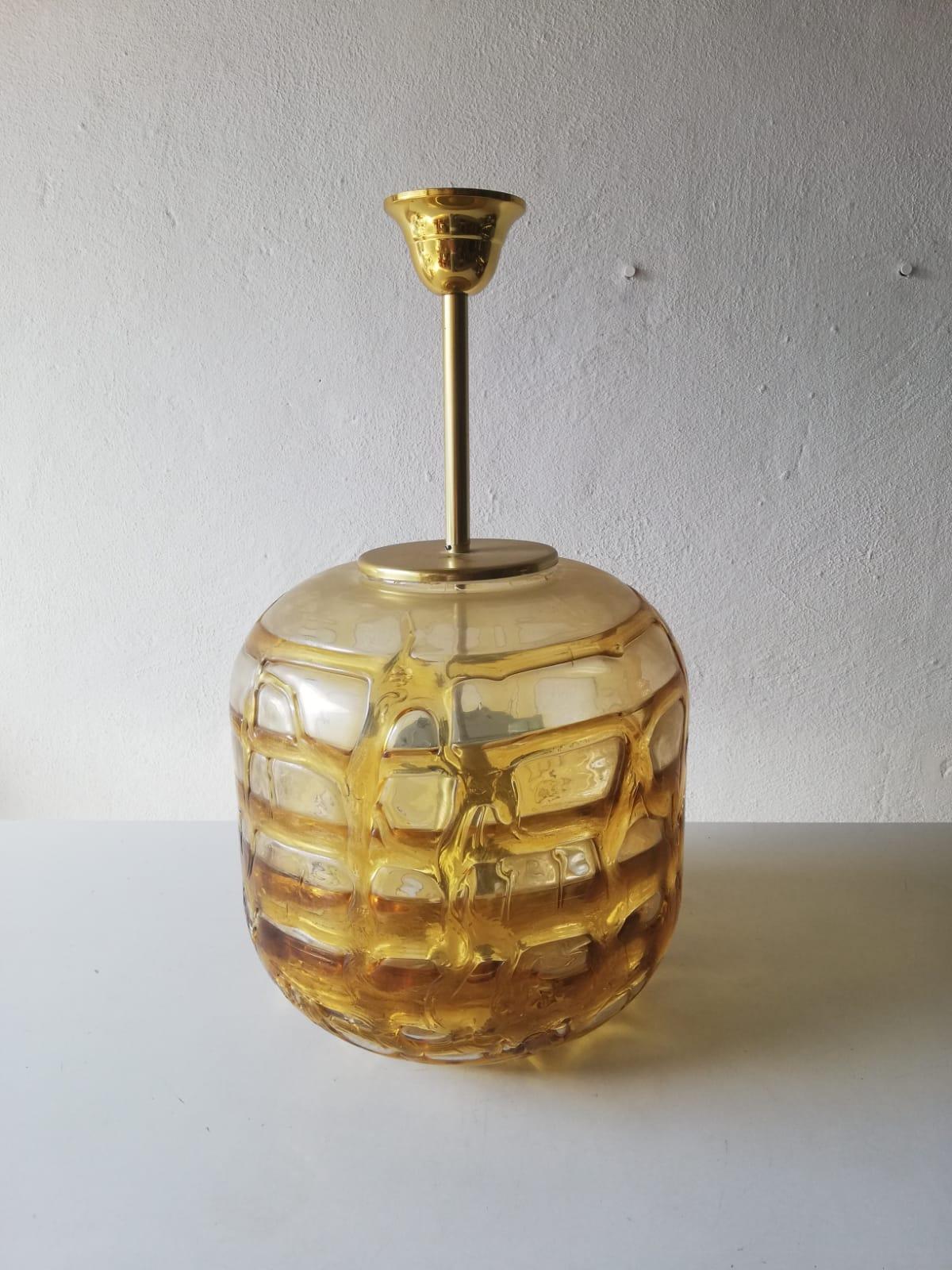Mid-Century Modern Yellow Blown Glass & Brass Pendant Lamp by Doria Leuchten, 1970s Germany For Sale