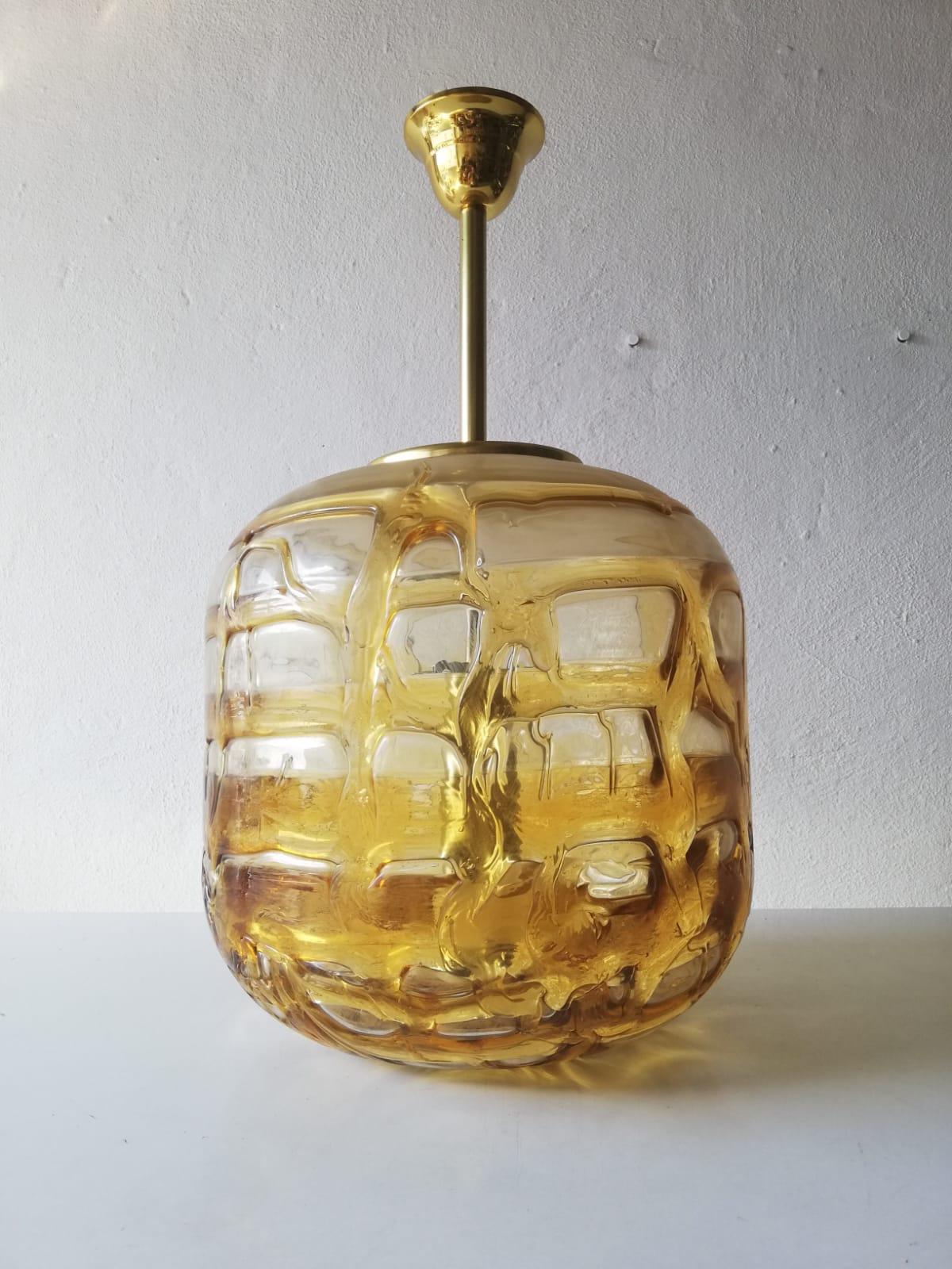 Yellow Blown Glass & Brass Pendant Lamp by Doria Leuchten, 1970s Germany In Good Condition For Sale In Hagenbach, DE