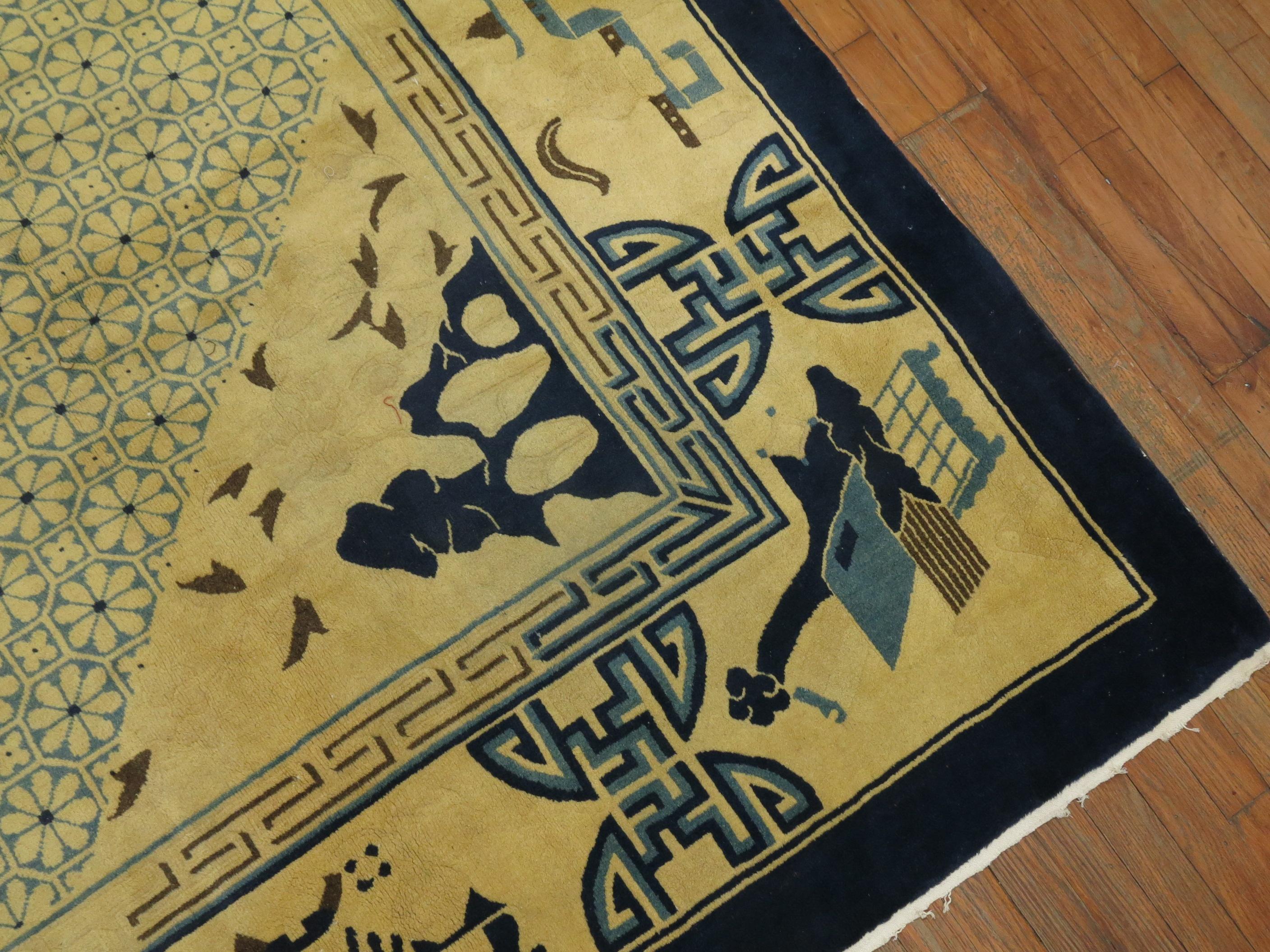 Mid-Century Modern Yellow Blue Antique Chinese Room Size Rug For Sale