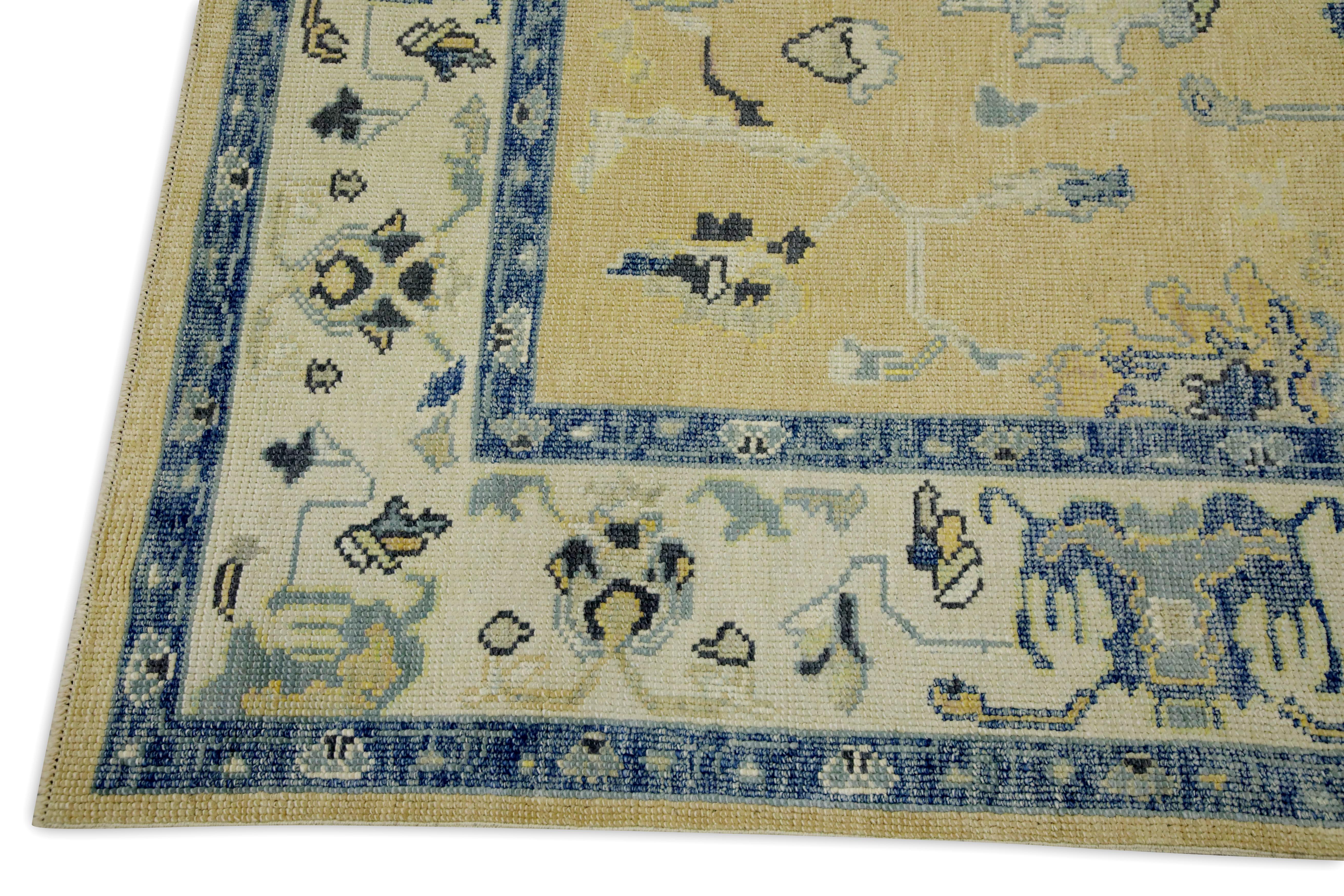 Vegetable Dyed Yellow & Blue Floral Design Handwoven Wool Turkish Oushak Rug 5'10