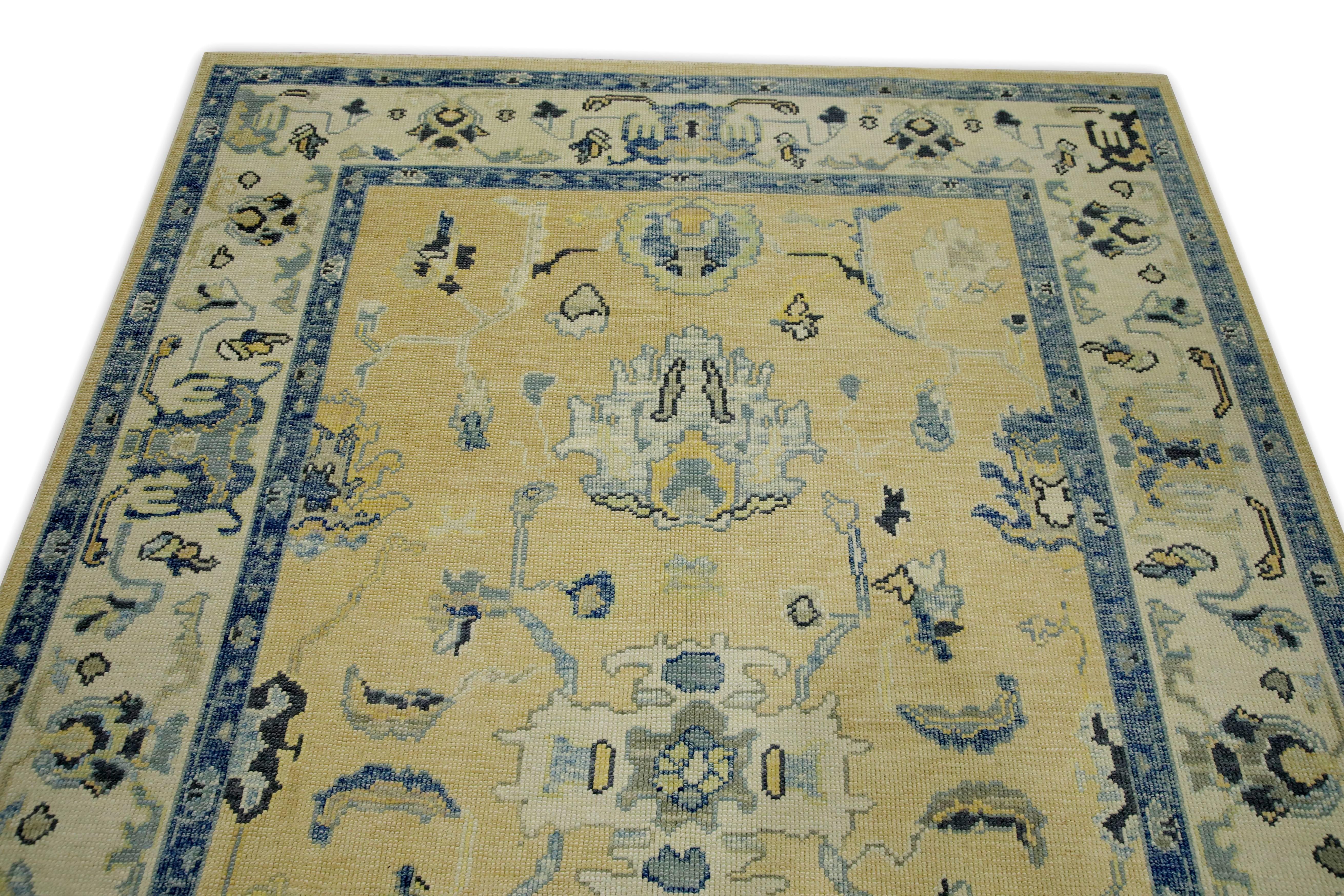 Yellow & Blue Floral Design Handwoven Wool Turkish Oushak Rug 5'10