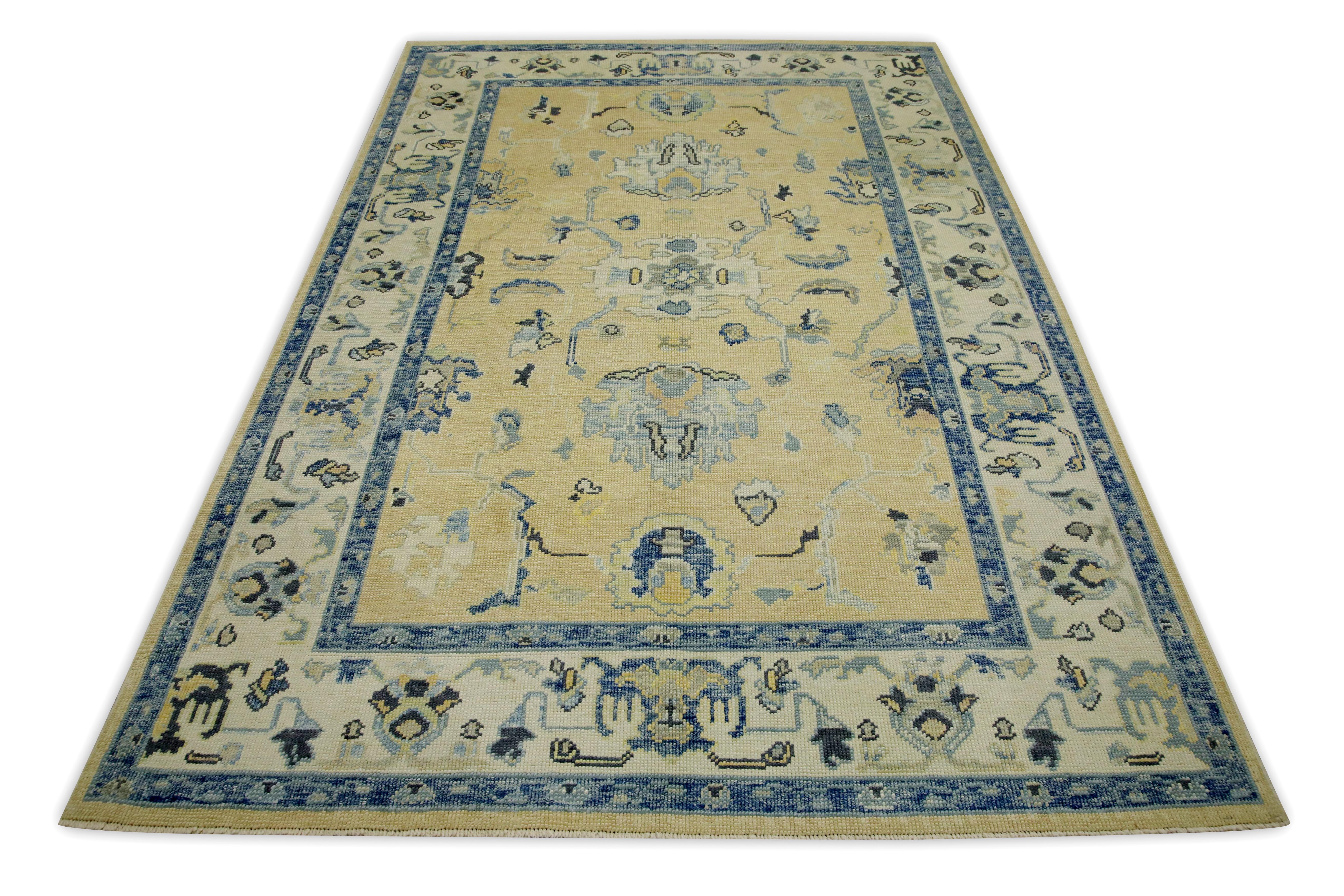 Contemporary Yellow & Blue Floral Design Handwoven Wool Turkish Oushak Rug 5'10