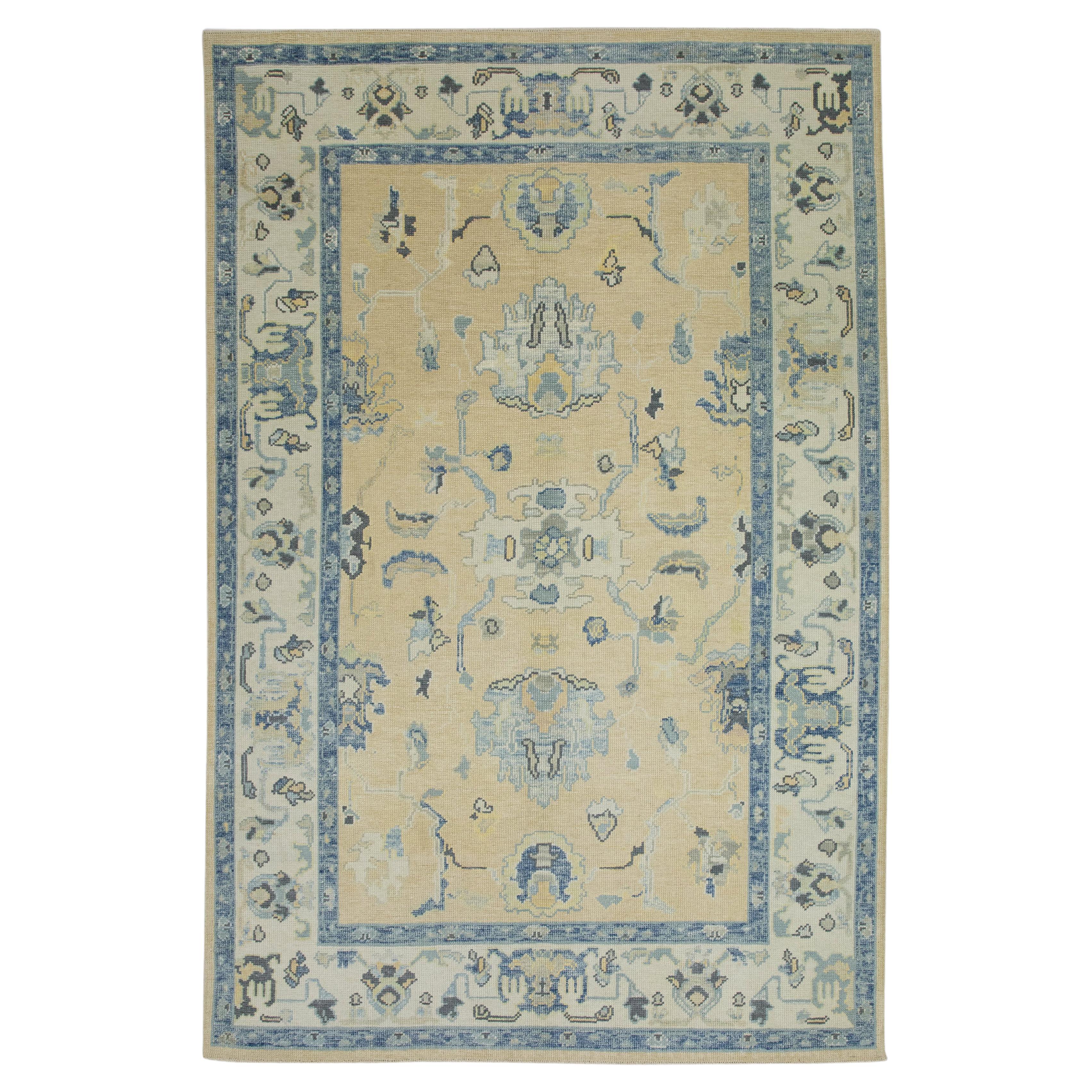 Yellow & Blue Floral Design Handwoven Wool Turkish Oushak Rug 5'10" x 8'6" For Sale