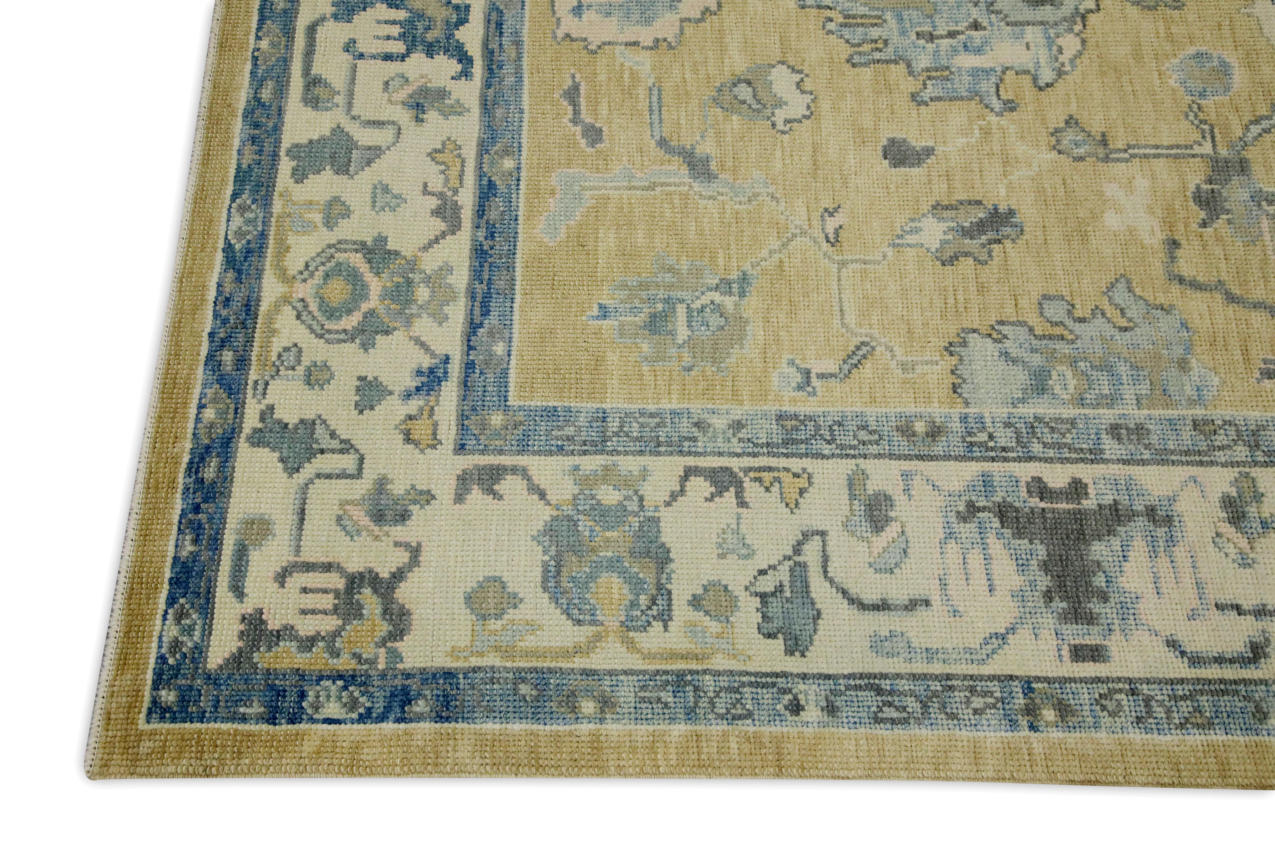 Vegetable Dyed Yellow & Blue Floral Design Handwoven Wool Turkish Oushak Rug 6'1