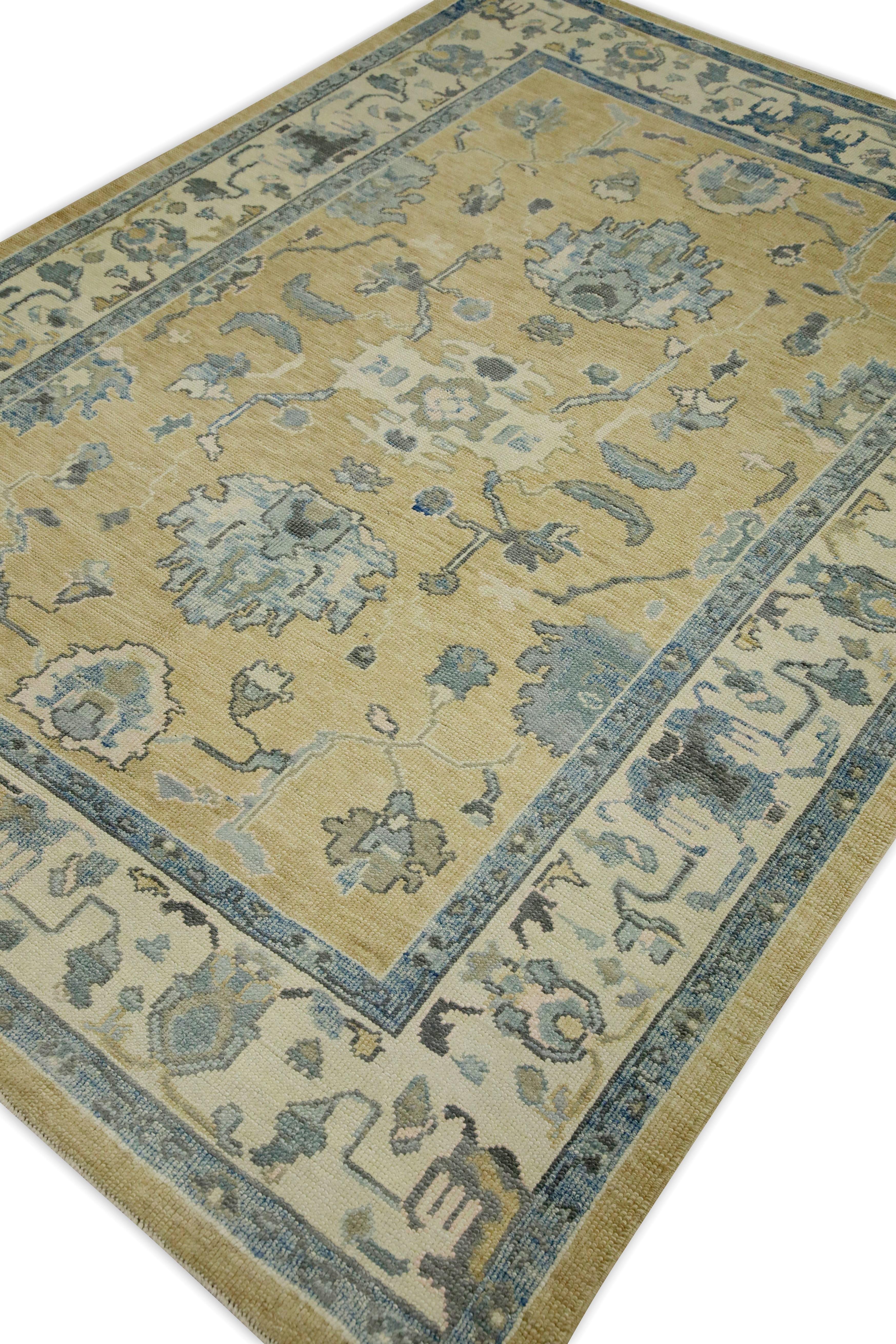 Contemporary Yellow & Blue Floral Design Handwoven Wool Turkish Oushak Rug 6'1