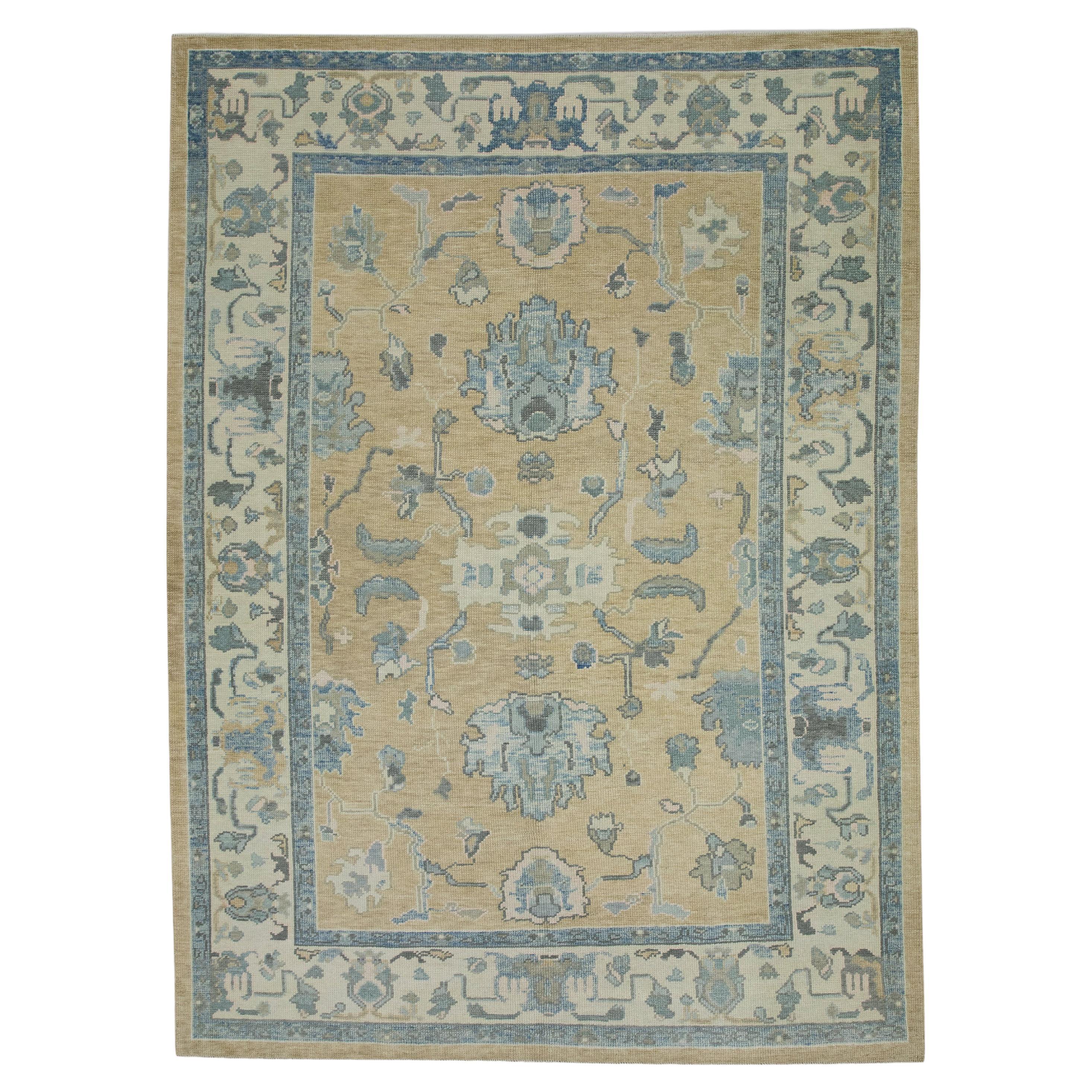 Yellow & Blue Floral Design Handwoven Wool Turkish Oushak Rug 6'1" x 8'3" For Sale