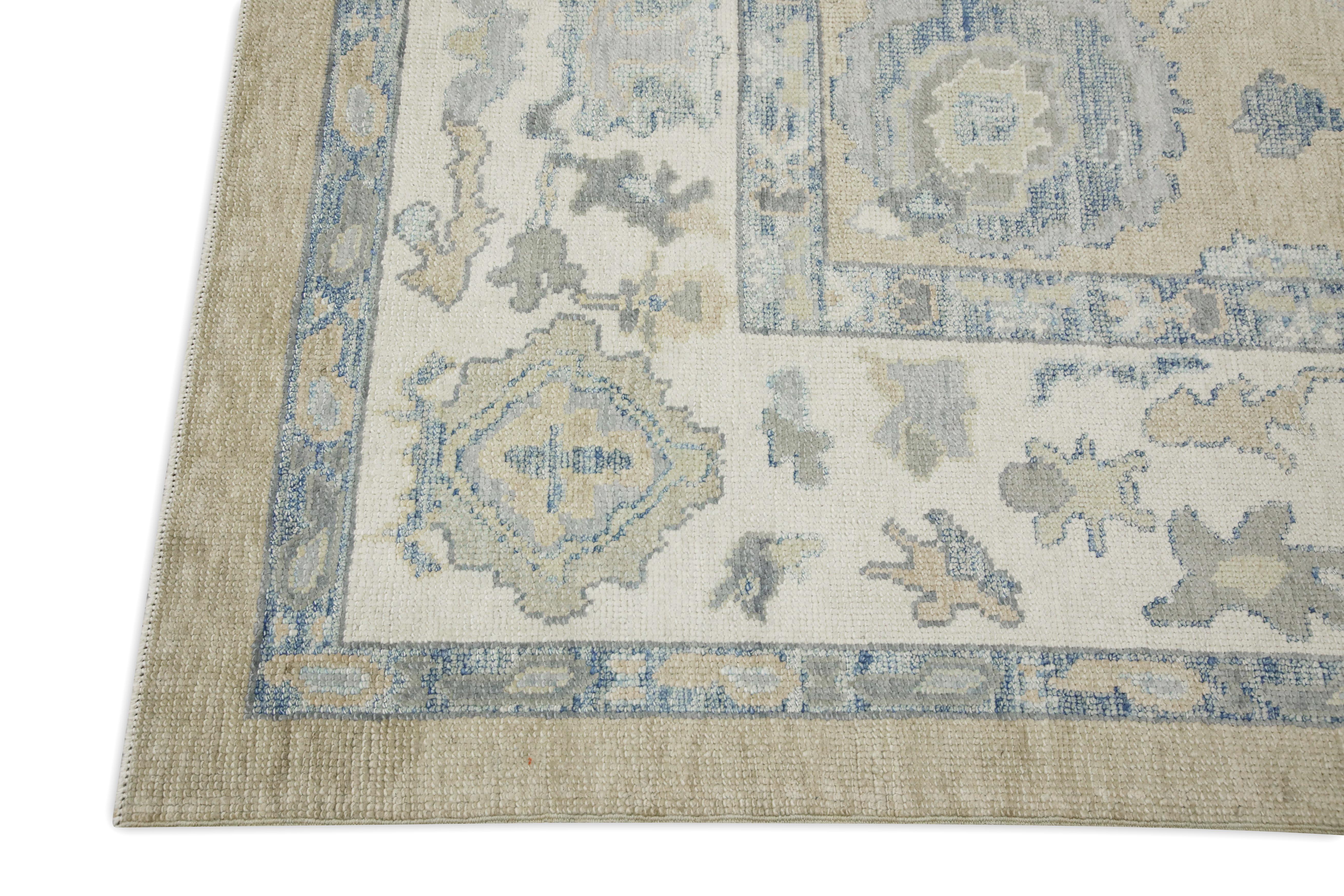 Vegetable Dyed Yellow & Blue Floral Design Handwoven Wool Turkish Oushak Rug 8'6