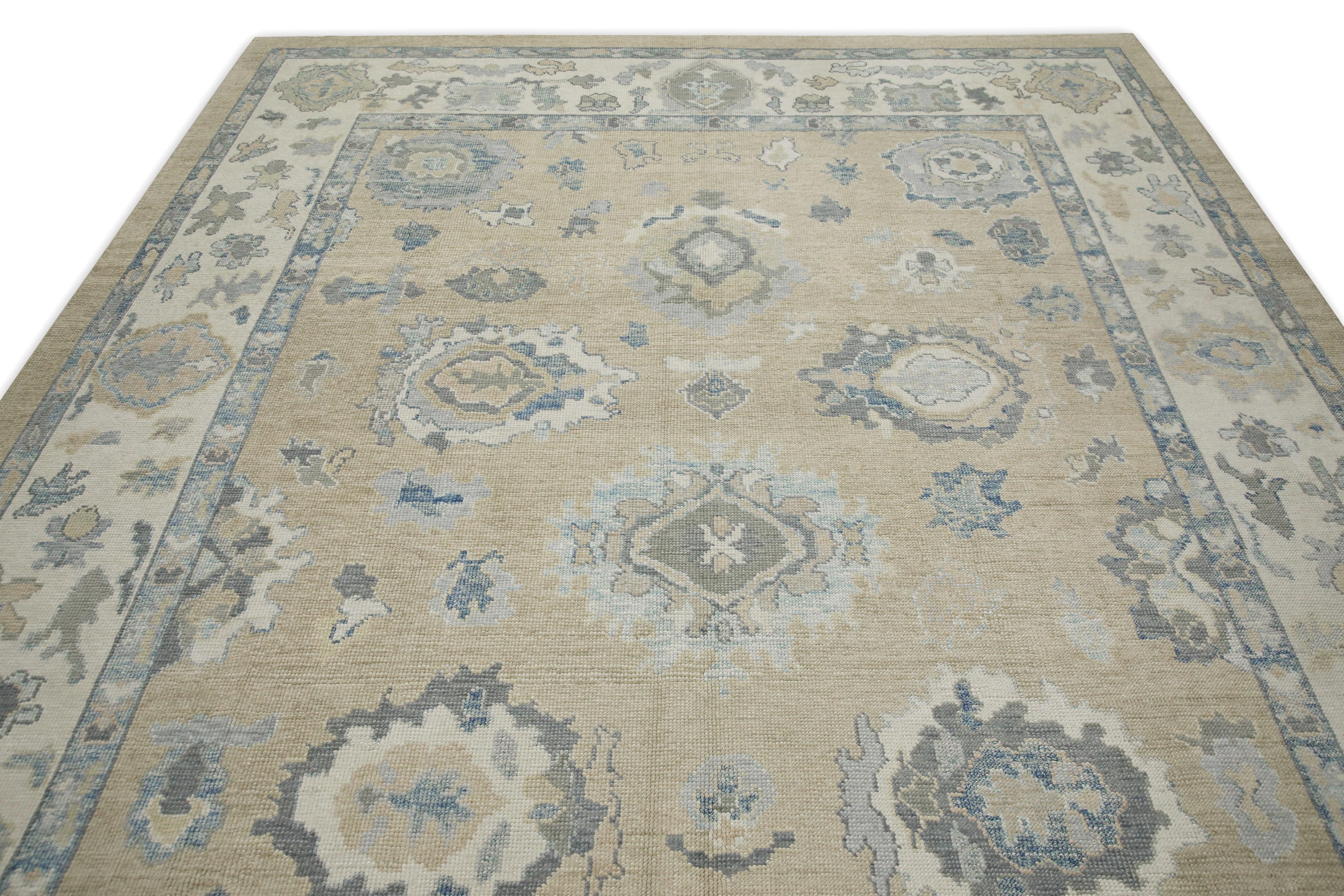 Yellow & Blue Floral Design Handwoven Wool Turkish Oushak Rug 8'6