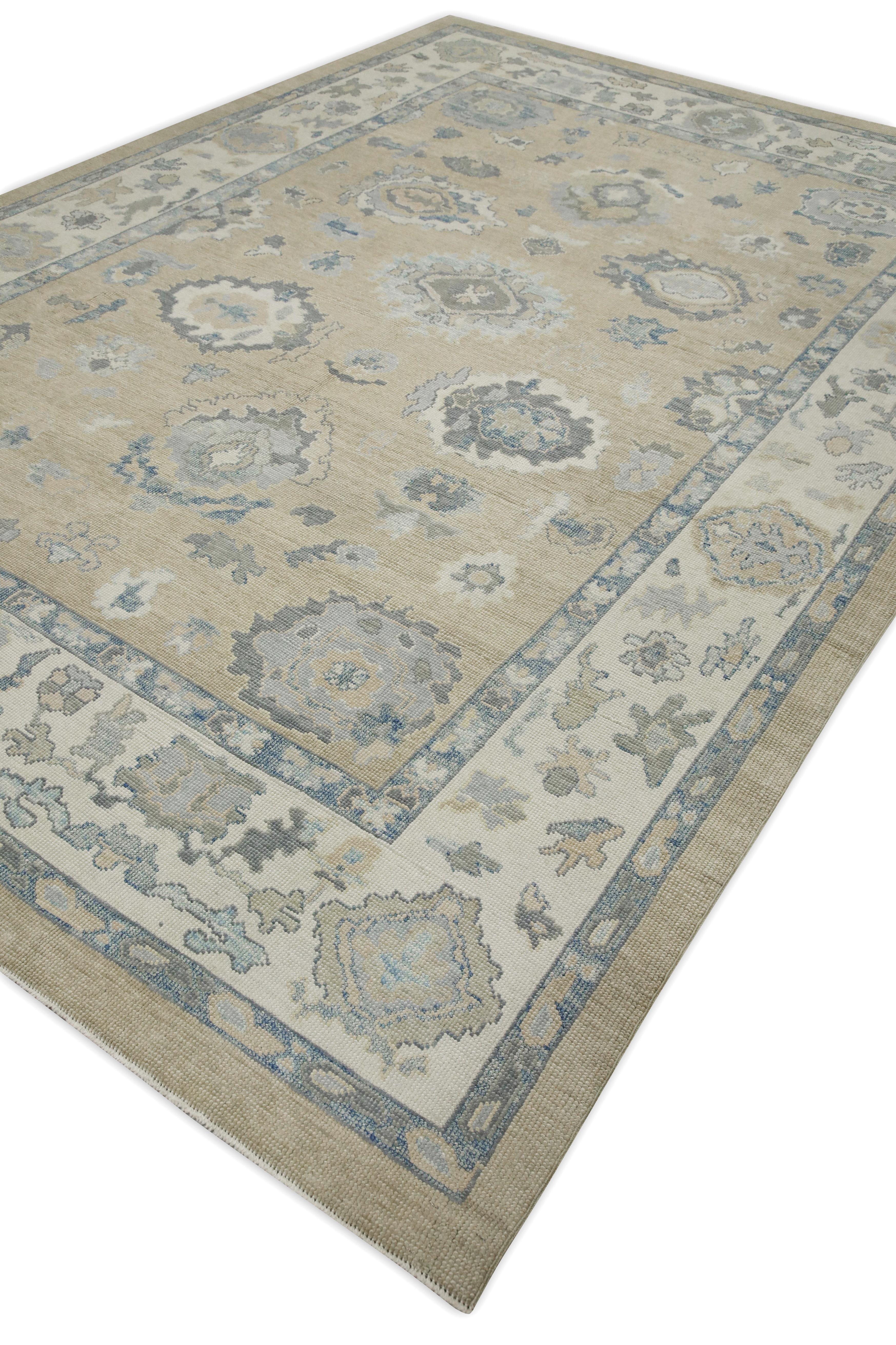 Contemporary Yellow & Blue Floral Design Handwoven Wool Turkish Oushak Rug 8'6