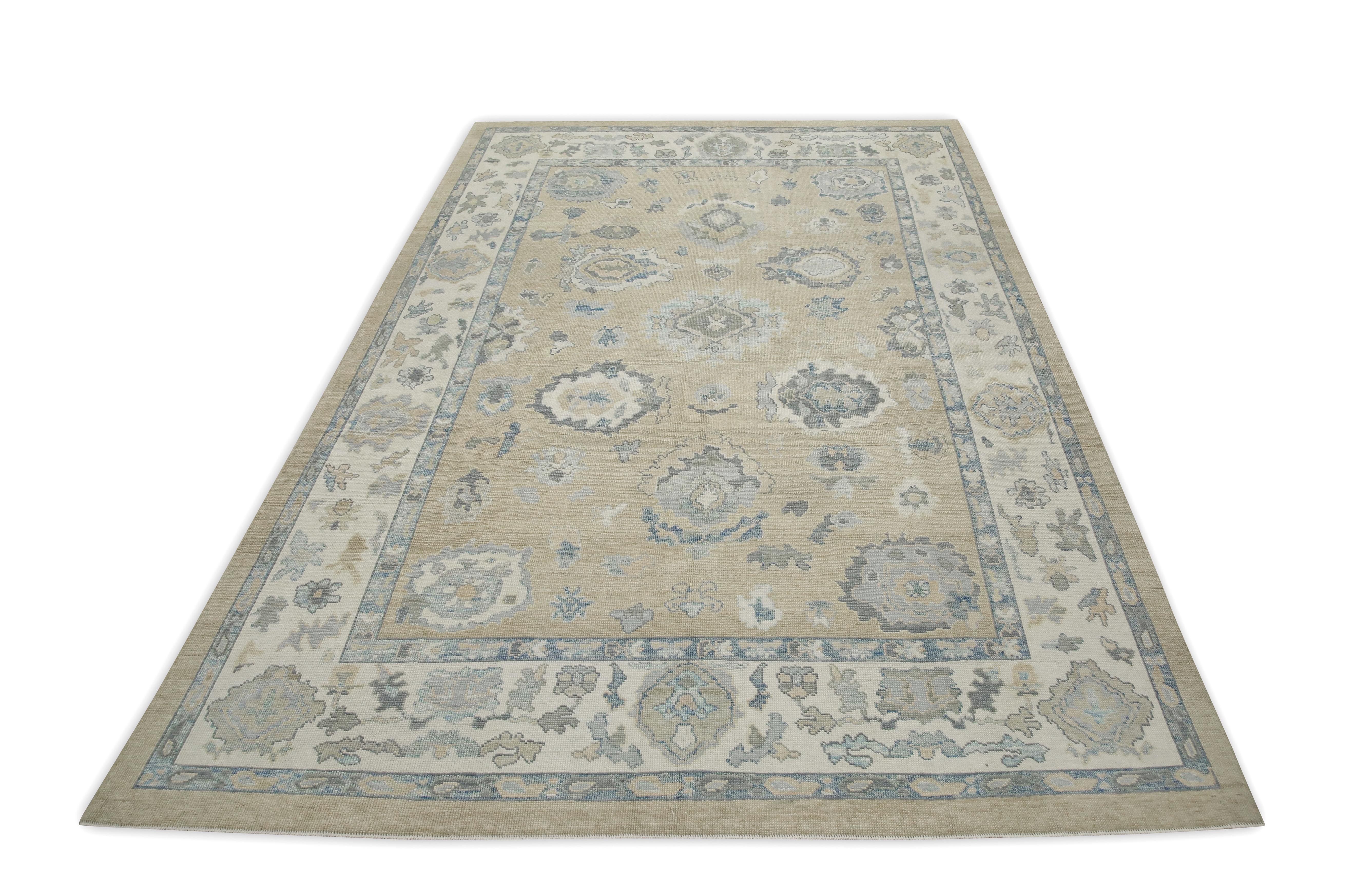 Yellow & Blue Floral Design Handwoven Wool Turkish Oushak Rug 8'6