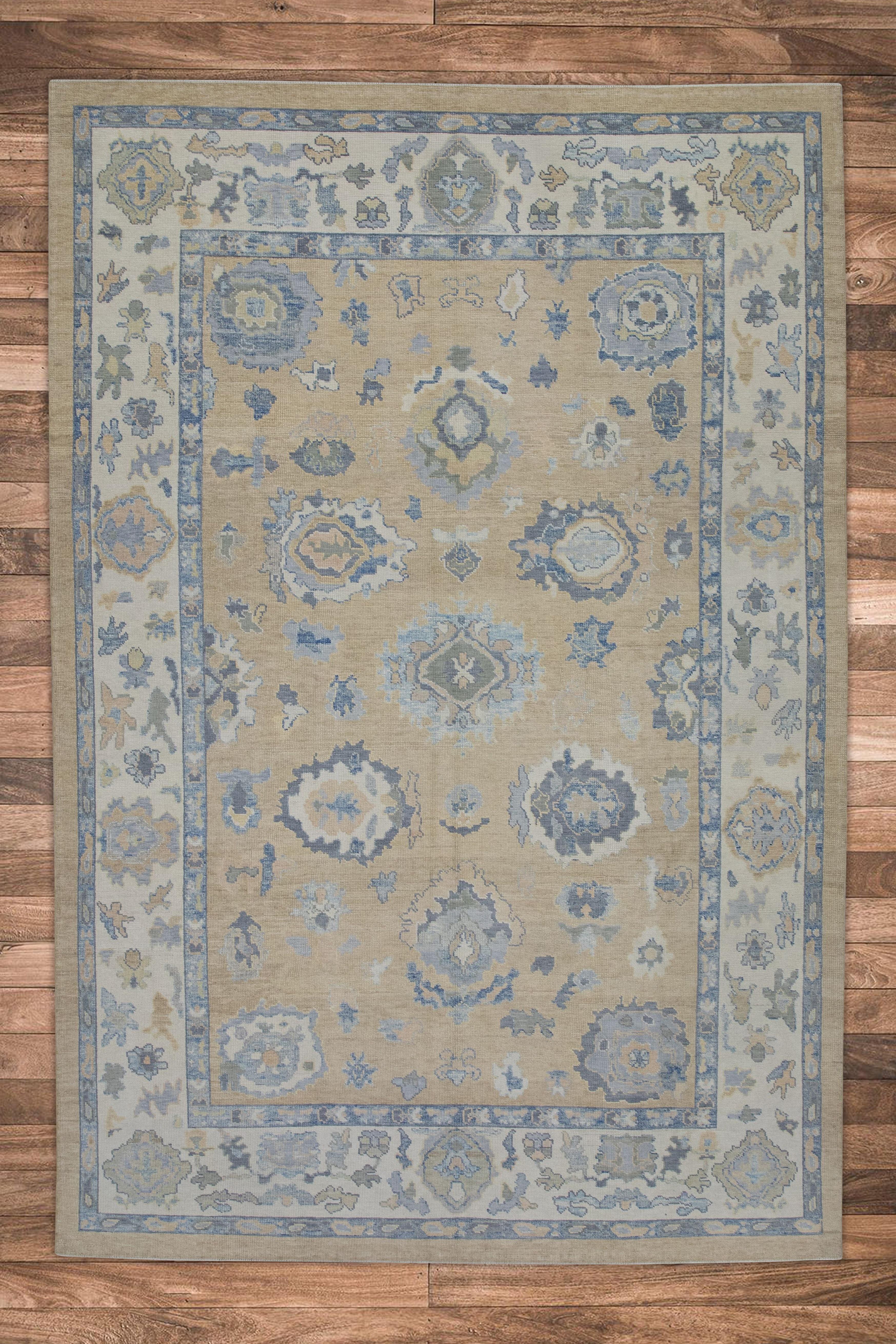 Yellow & Blue Floral Design Handwoven Wool Turkish Oushak Rug 8'6