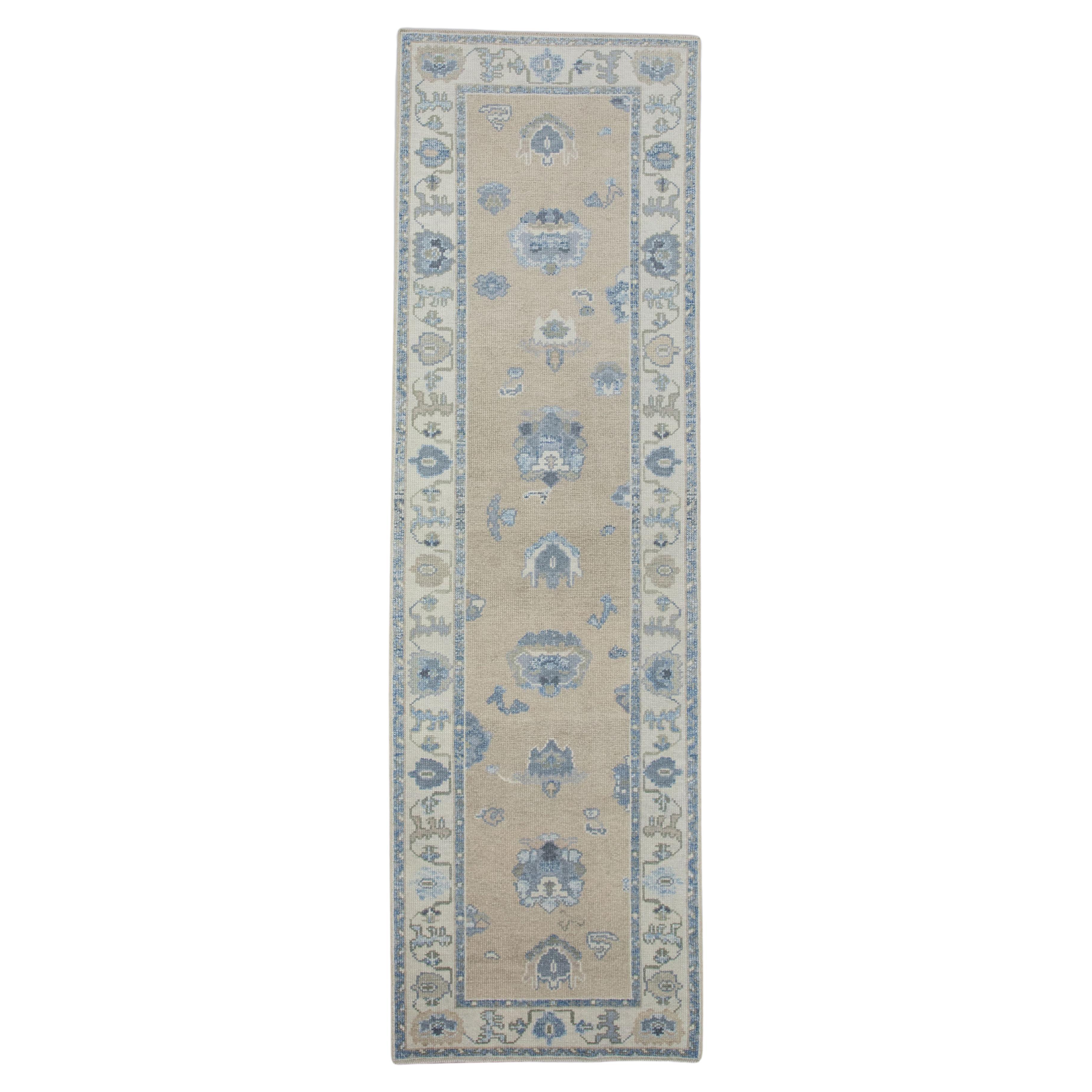 Yellow & Blue Floral Design Handwoven Wool Turkish Oushak Runner 2'10" x 9'7" For Sale