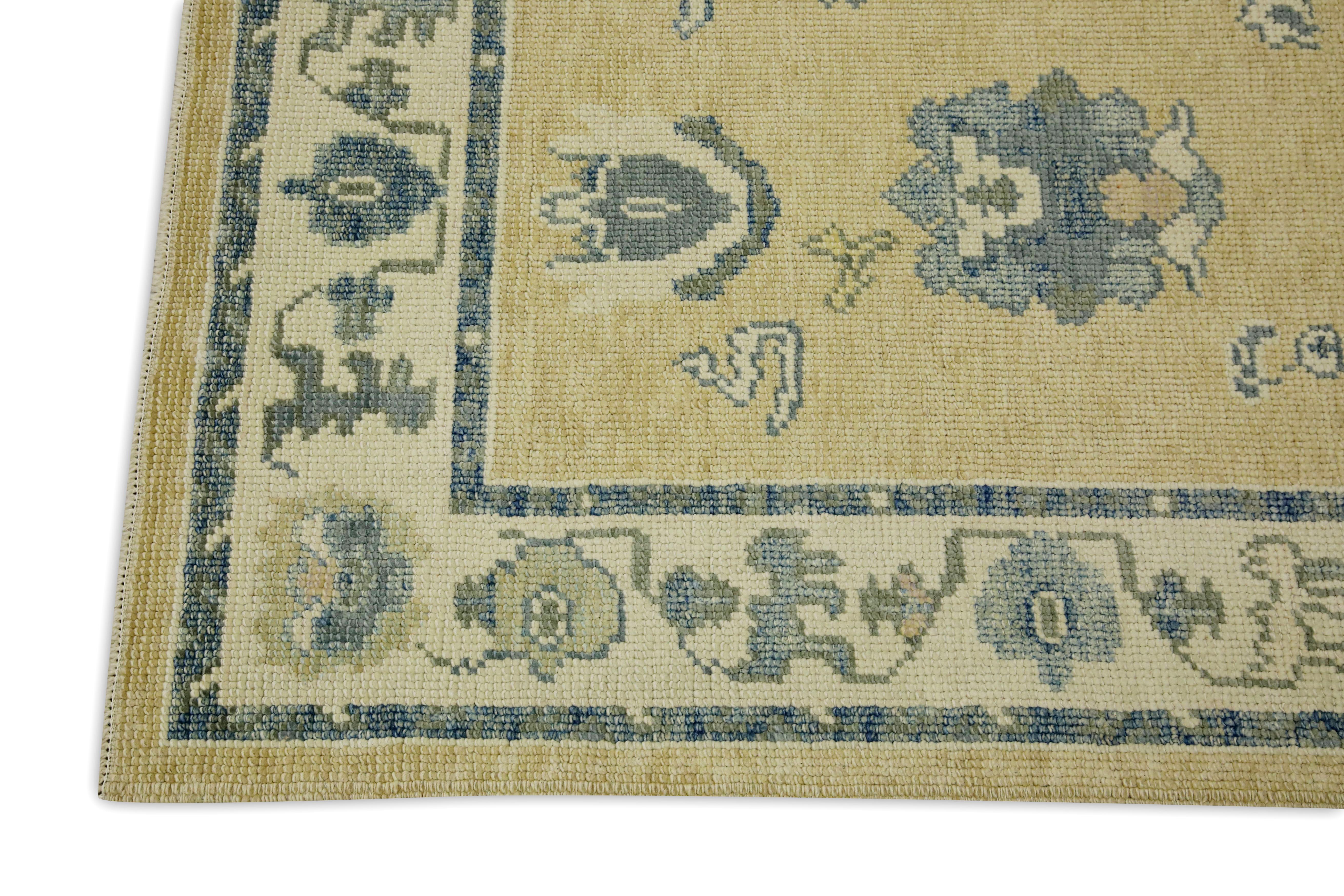Vegetable Dyed Yellow & Blue Floral Design Handwoven Wool Turkish Oushak Runner For Sale