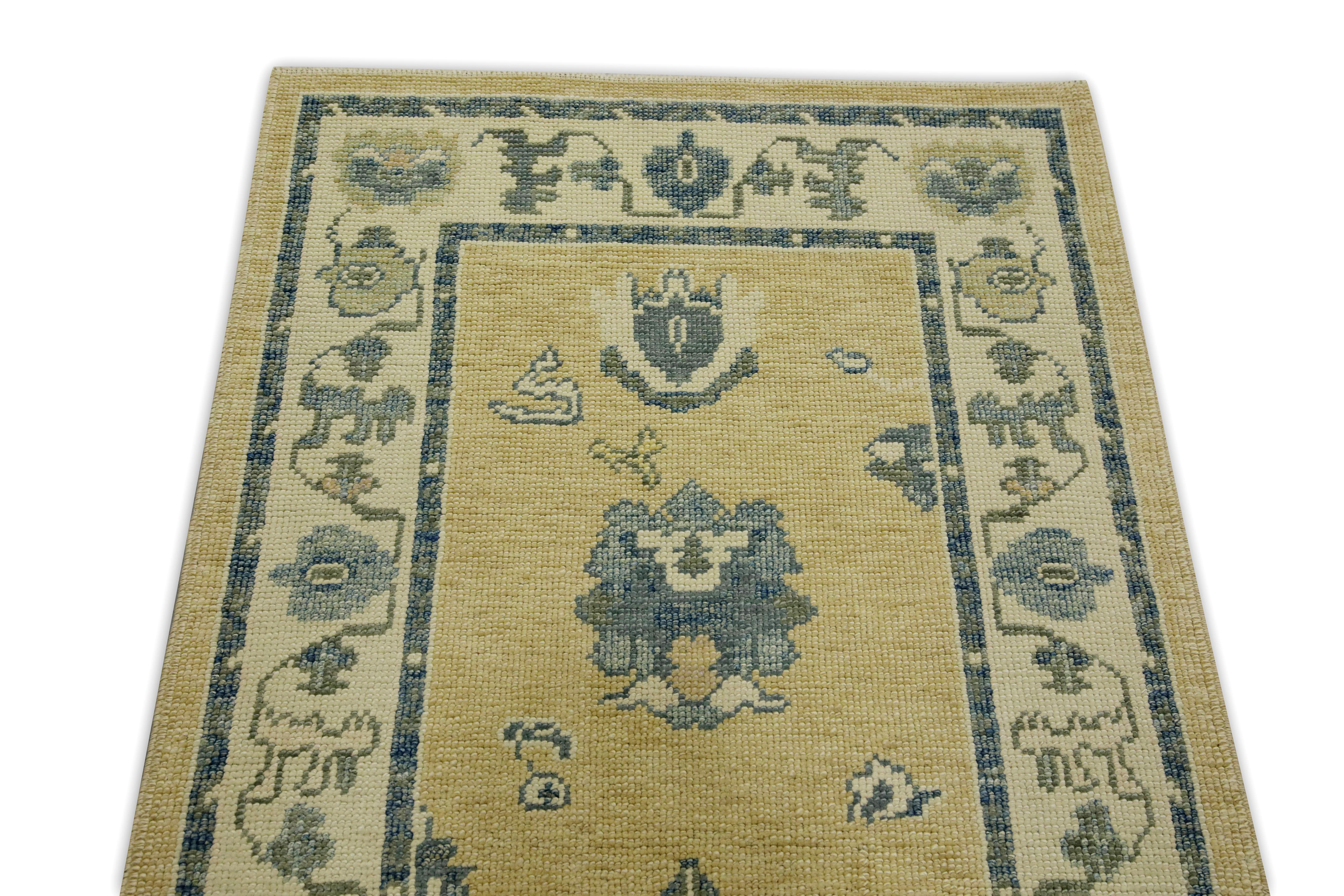 Yellow & Blue Floral Design Handwoven Wool Turkish Oushak Runner In New Condition For Sale In Houston, TX