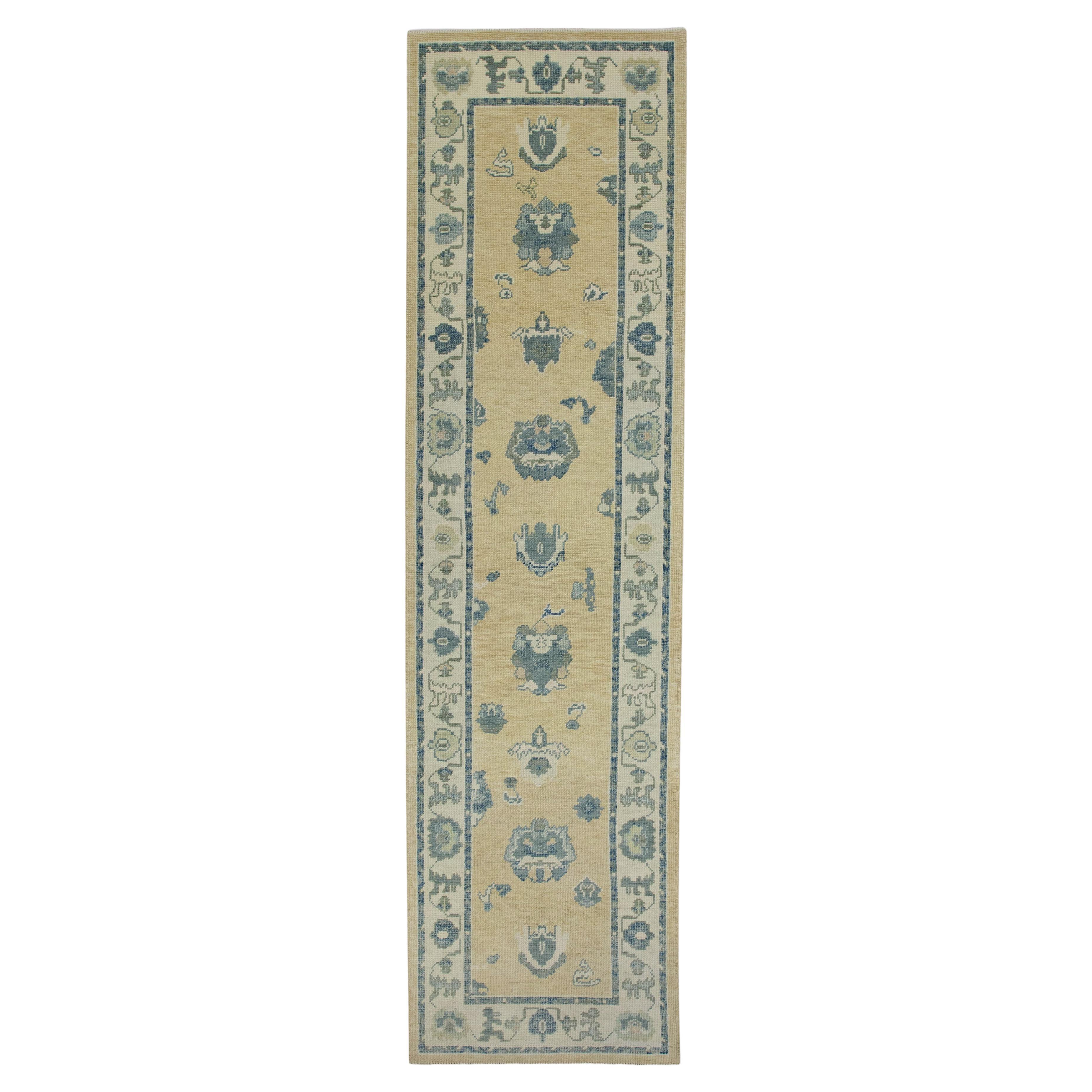 Yellow & Blue Floral Design Handwoven Wool Turkish Oushak Runner For Sale