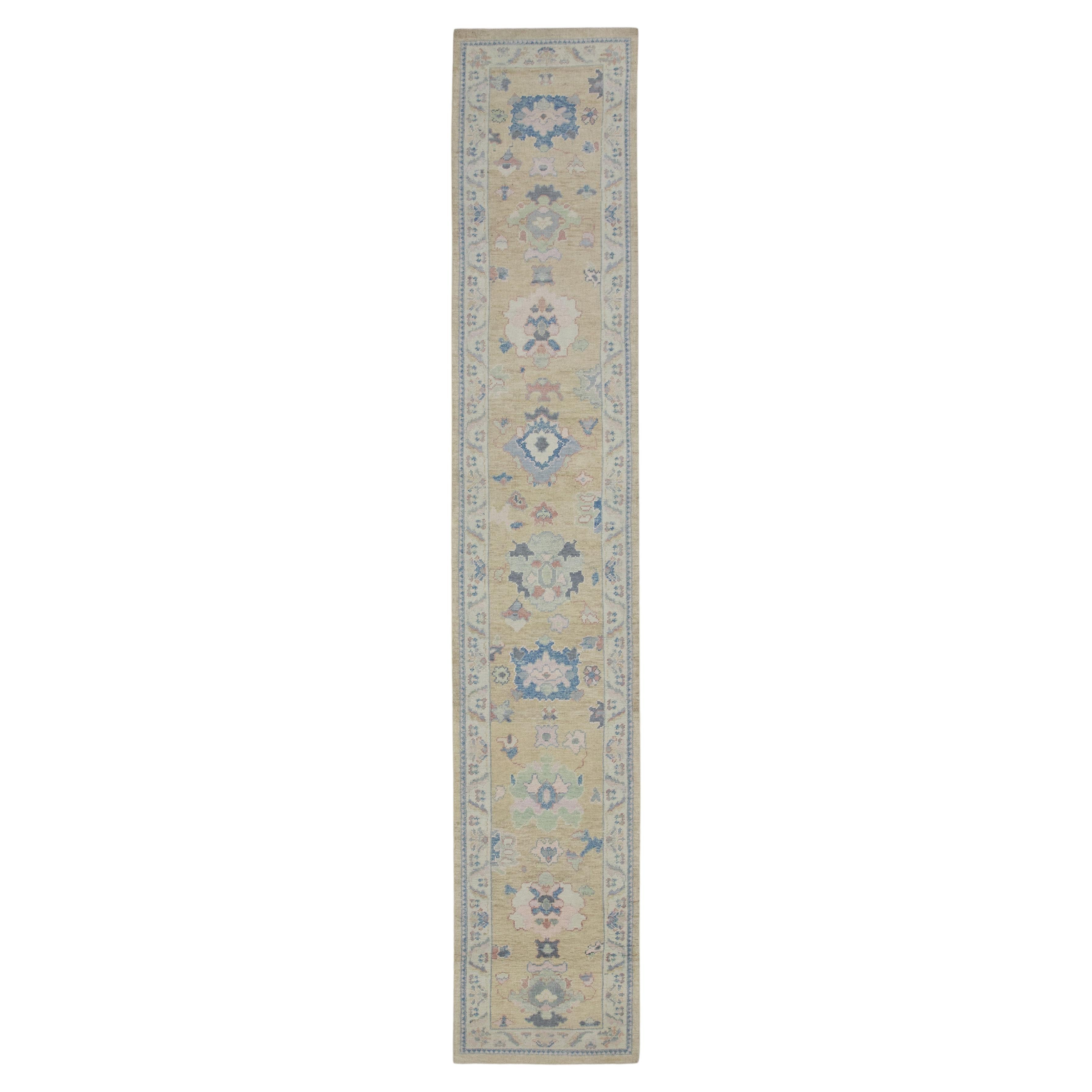 Yellow & Blue Floral Design Handwoven Wool Turkish Oushak Runner 2'9" X 15'2" For Sale