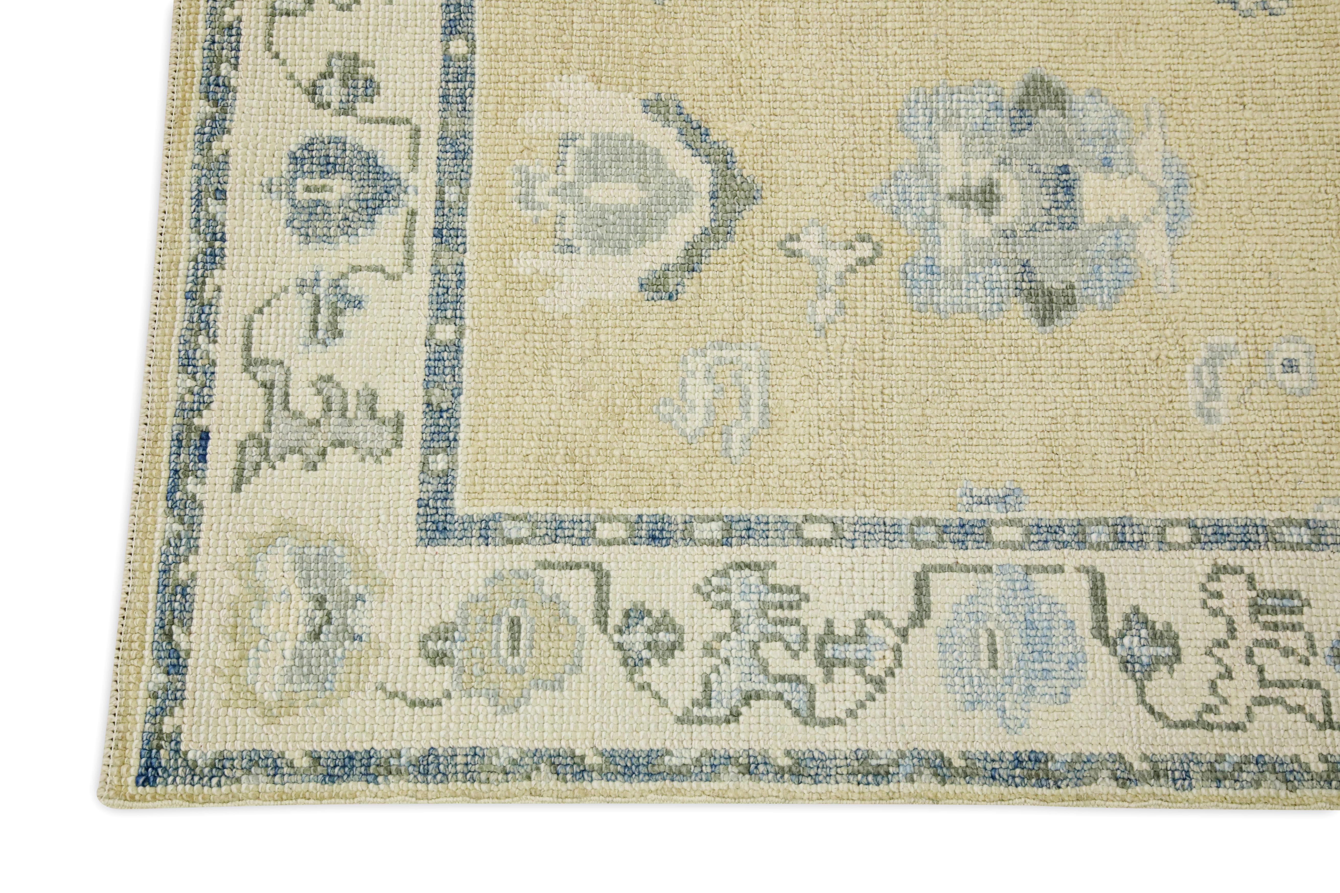 Vegetable Dyed Yellow & Blue Floral Design Handwoven Wool Turkish Oushak Runner For Sale