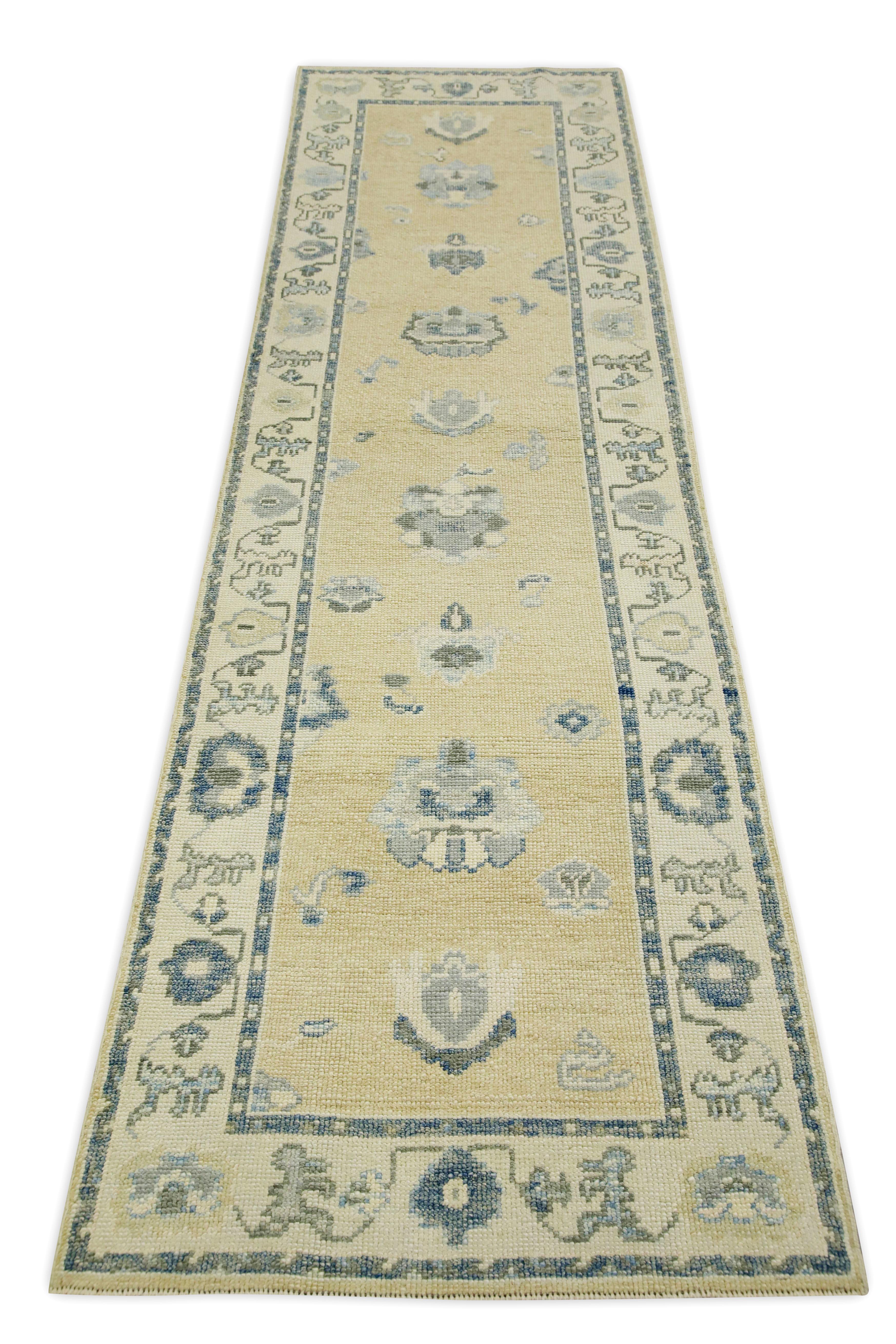 Contemporary Yellow & Blue Floral Design Handwoven Wool Turkish Oushak Runner For Sale