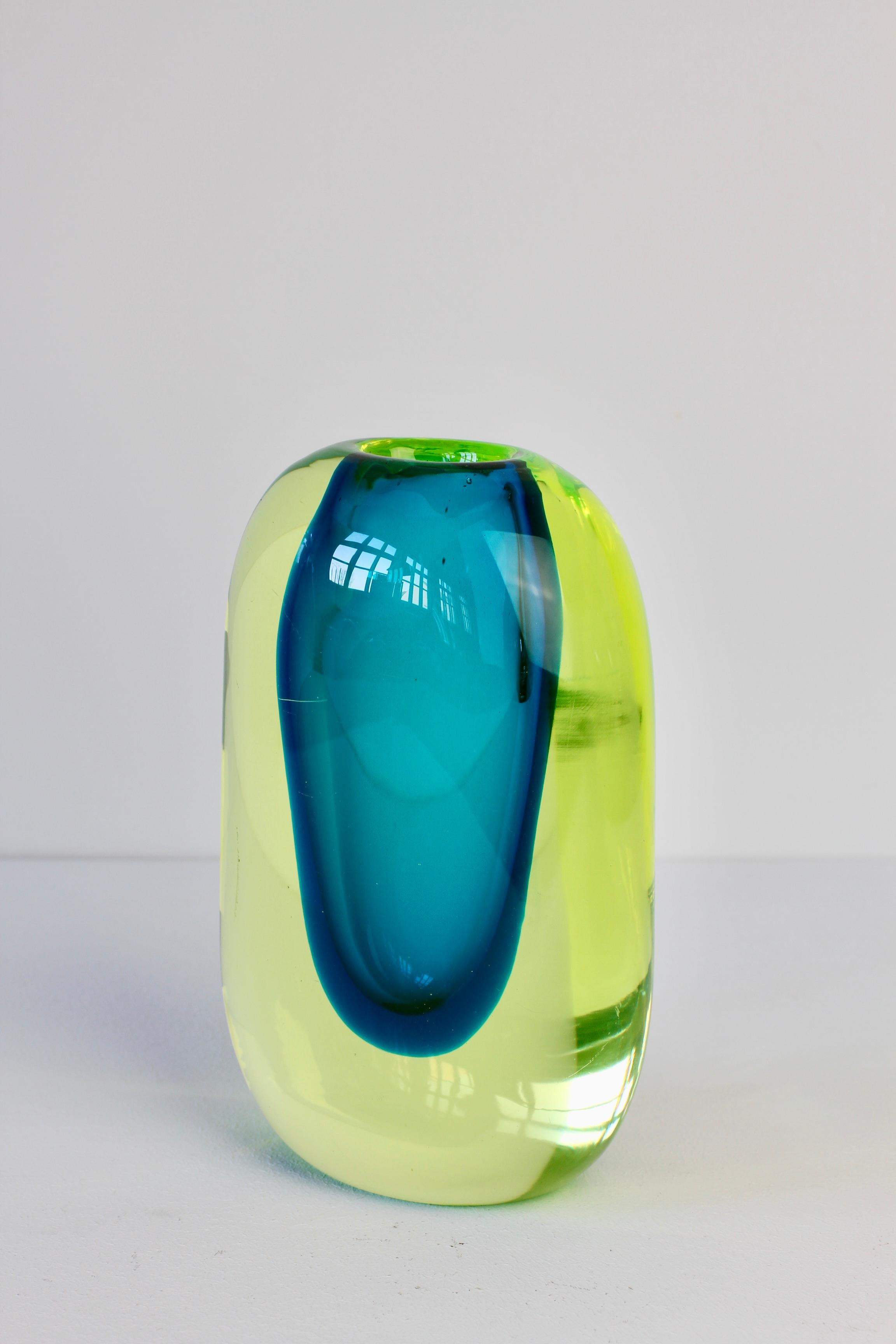 20th Century Yellow & Blue Italian Murano Sommerso Glass Vase c. 1970s Cenedese 'Attributed'