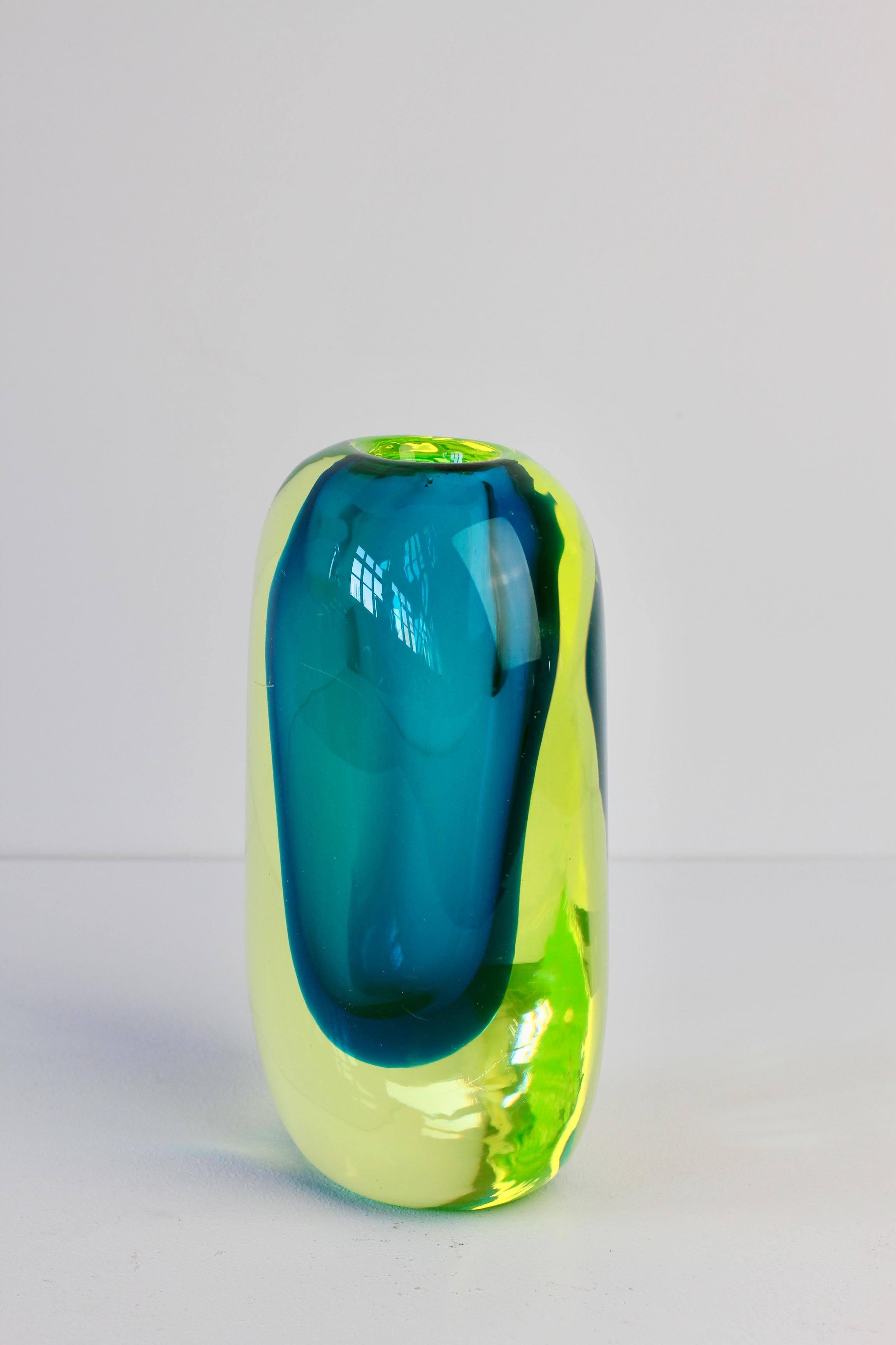 Blown Glass Yellow & Blue Italian Murano Sommerso Glass Vase c. 1970s Cenedese 'Attributed'