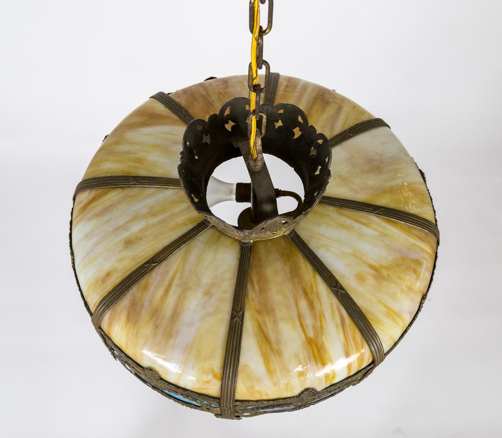 Yellow and Blue Slag Glass and Bronze Bradley Hubbard Umbrella Pendant Light For Sale 2